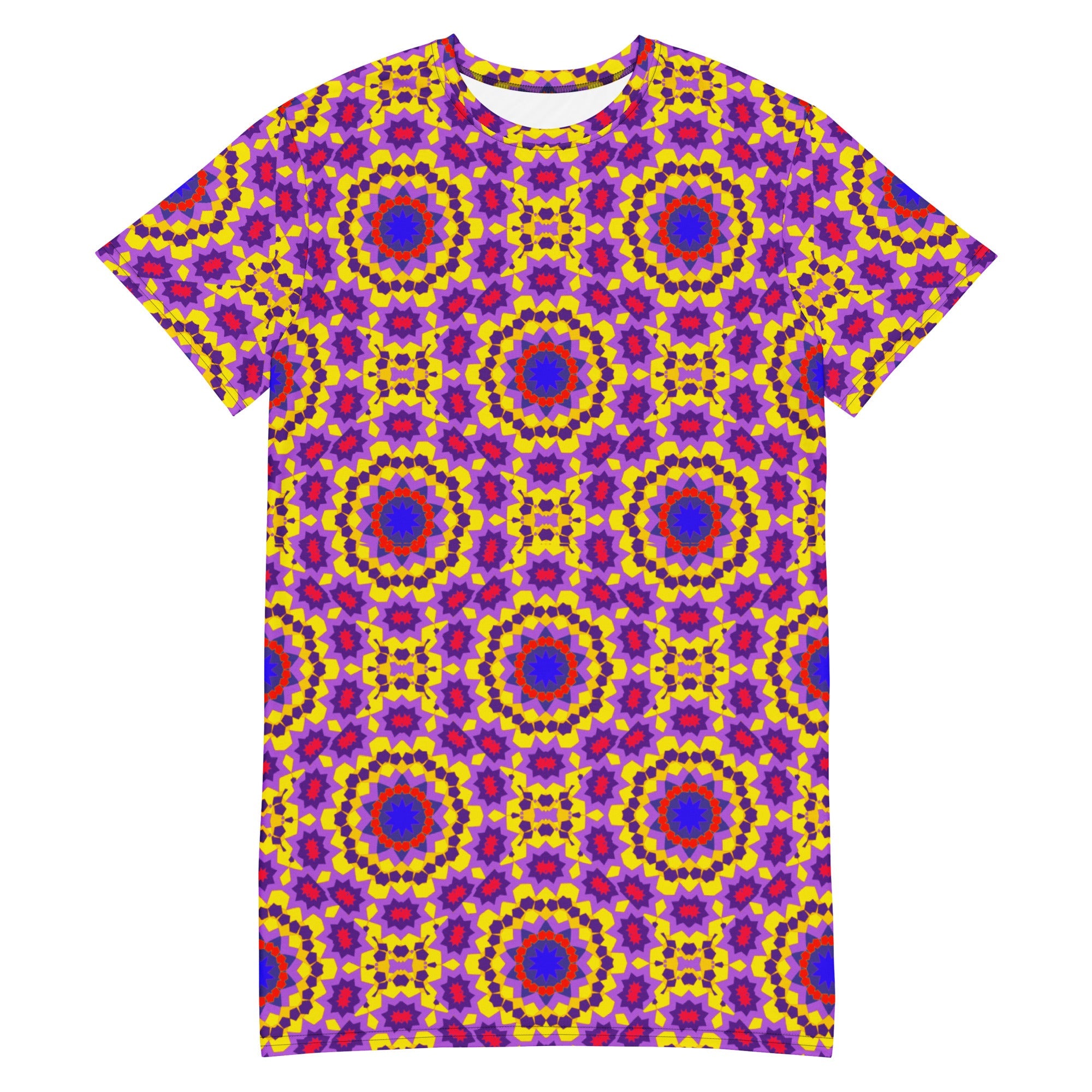 Short-sleeve T-shirt dress with a colorful all-over geometric kaleidoscope print in purple, yellow, red, and blue.