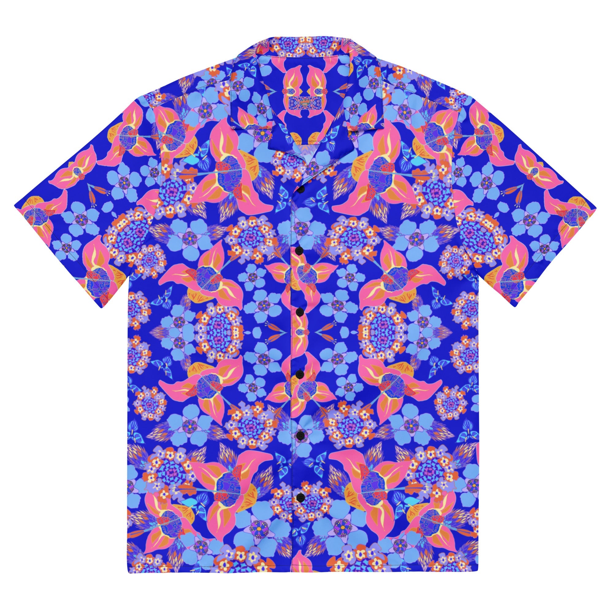 Short-sleeve button-up shirt with a bold floral pattern in royal blue, pink, lavender, and orange.