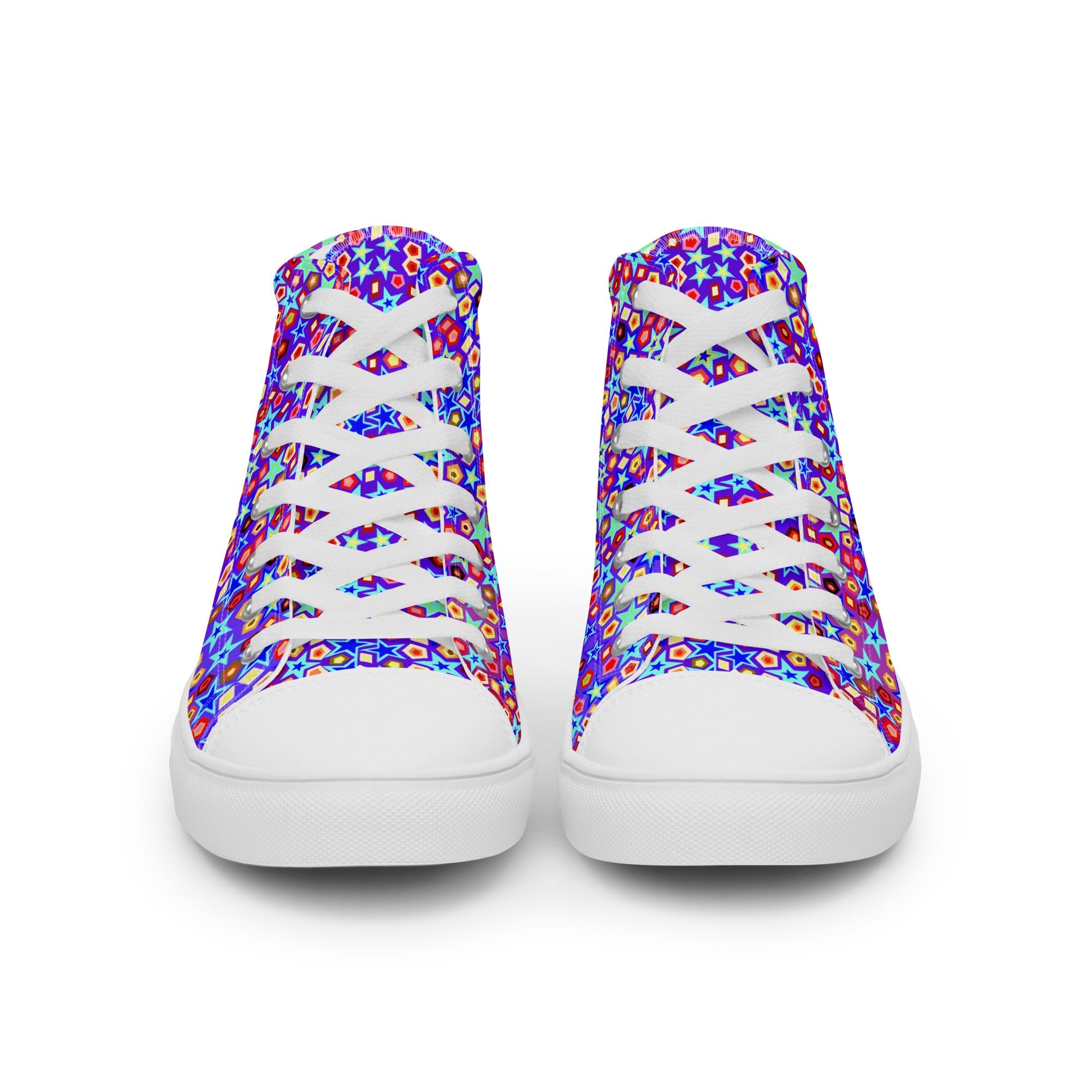 White high-top canvas shoes with a bold multicolor geometric star pattern in blue, red, purple, and yellow.