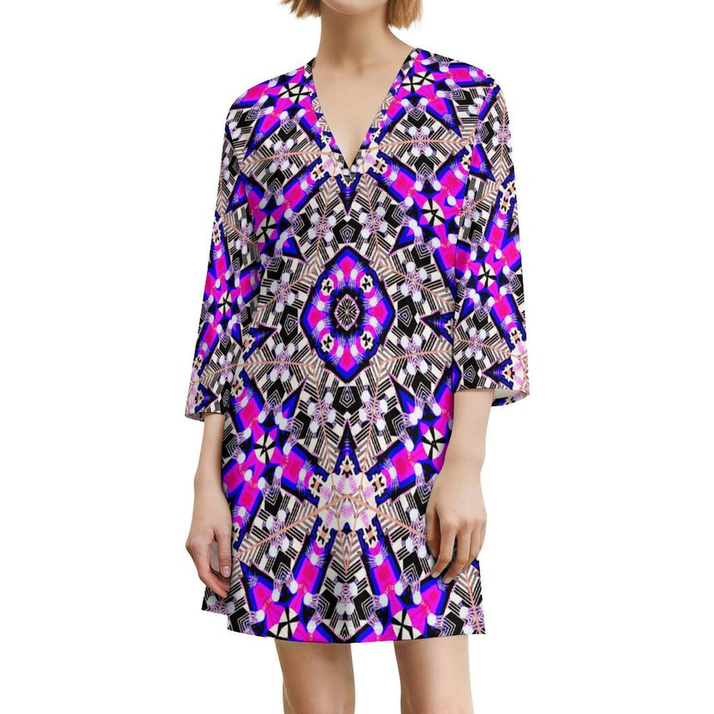 Studio model mockup of a blonde woman wearing the Purple Magenta V-Neck Shift Dress with wide sleeves, highlighting its relaxed, flowy silhouette.