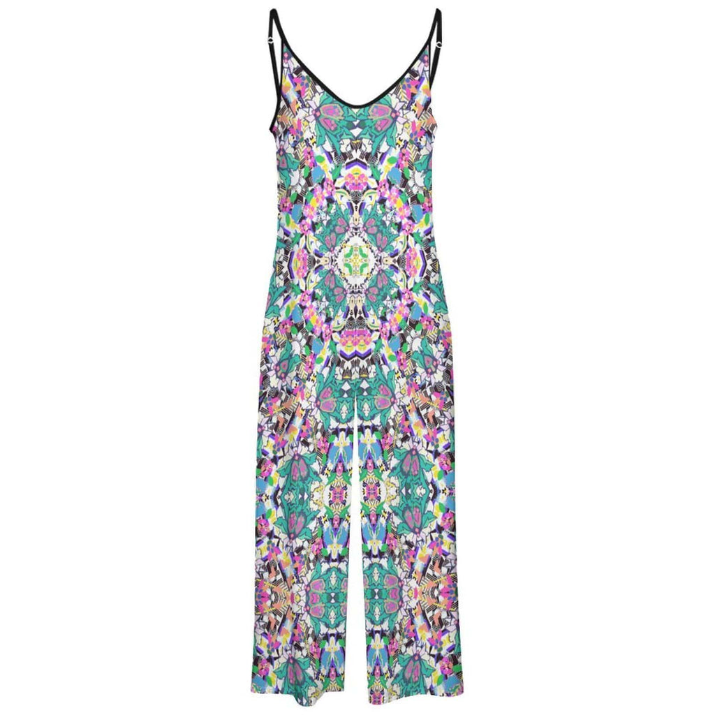 Artsadd Boho Geometric  Pink Green Jumpsuit - Spaghetti Strap Wide-Leg Overalls