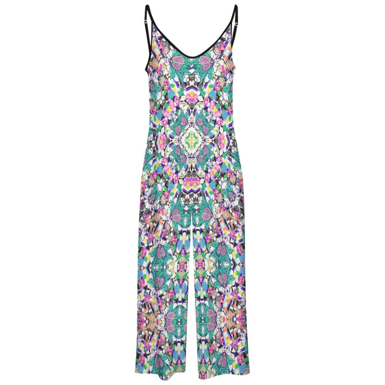 Artsadd Boho Geometric  Pink Green Jumpsuit - Spaghetti Strap Wide-Leg Overalls