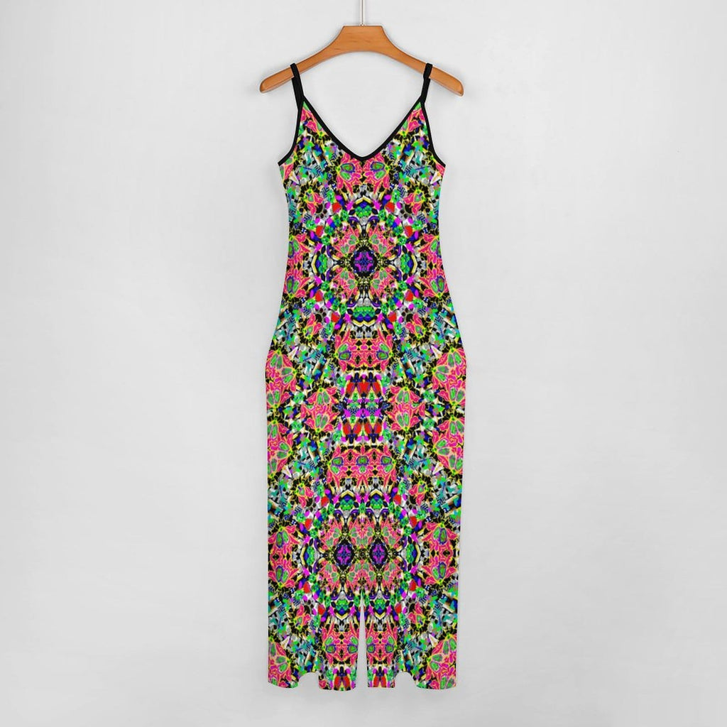 Artsadd Red Green Floral Geometric Print Spaghetti Strap Jumpsuit