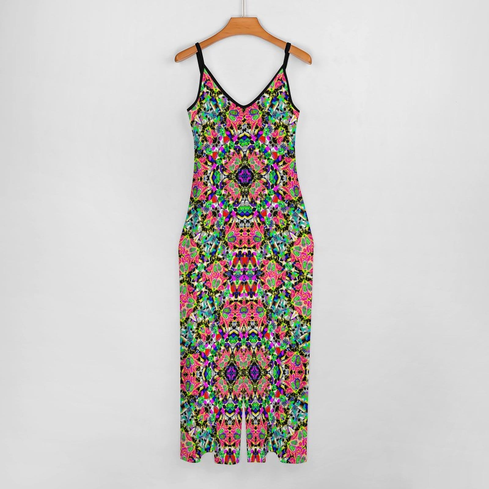 Artsadd Red Green Floral Geometric Print Spaghetti Strap Jumpsuit