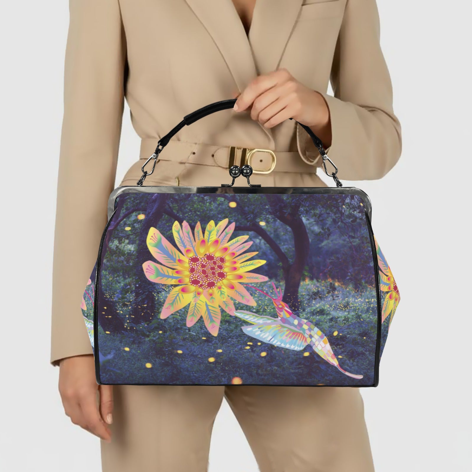 Vintage Kiss lock Crossbody Bag | Hummingbird Print Top-Handle Satchel-Large