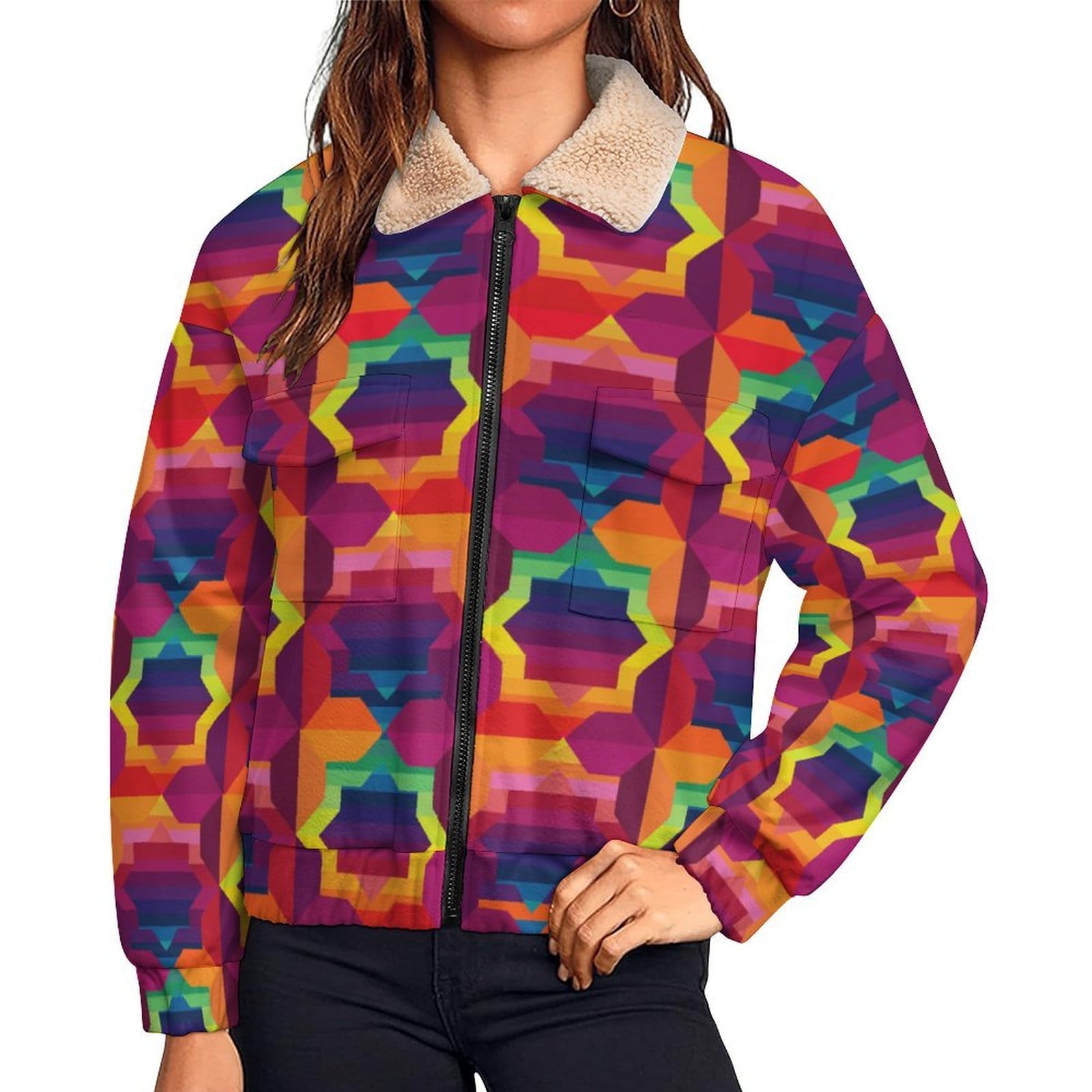 Artsadd white / S Moroccan Multicolor Pocket Fleece Jacket | Vibrant Apparel NZ