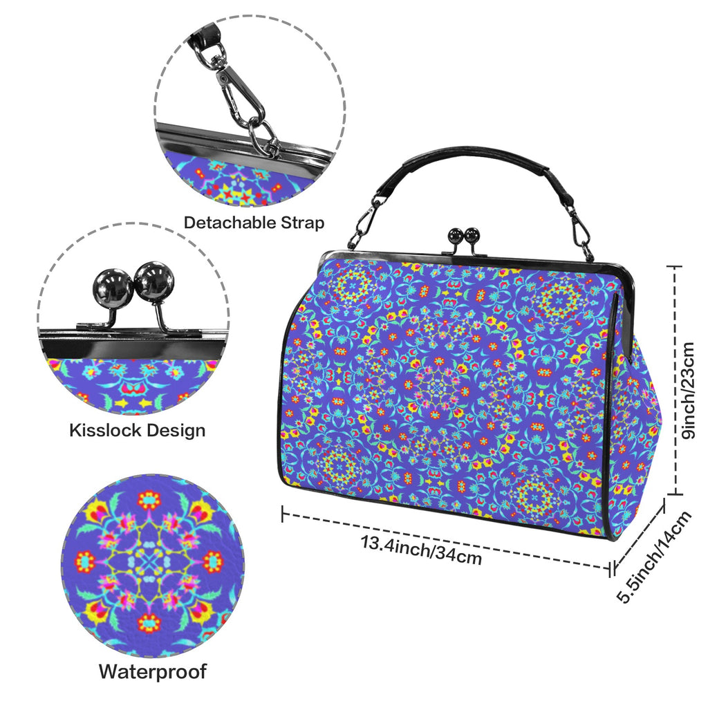 Product features diagram showing kiss lock closure, waterproof fabric, detachable strap, and dimensions