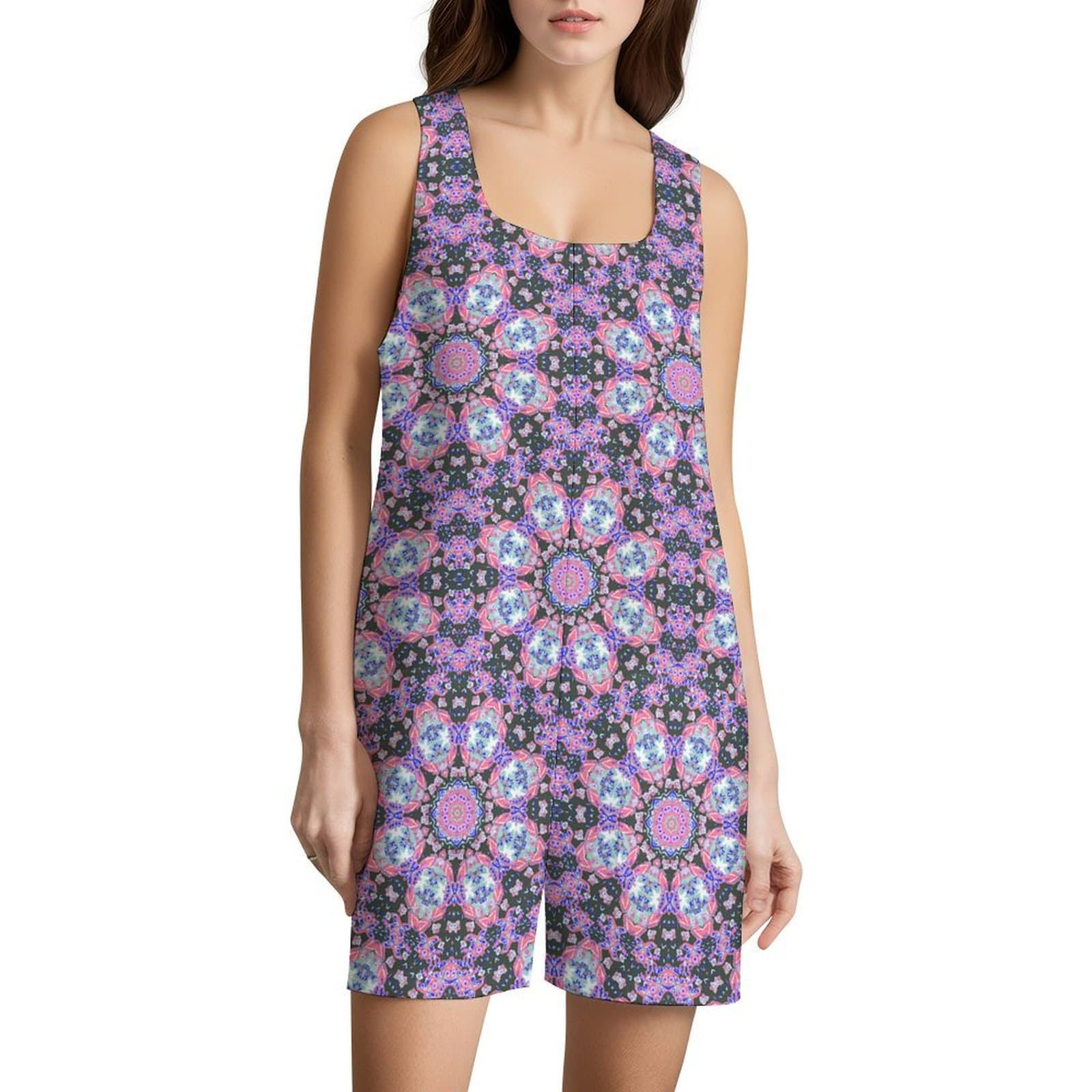Artsadd white / S Pastel Purple Mandala Geometric Print Sleeveless Romper | Vibrant Apparel New Zealand