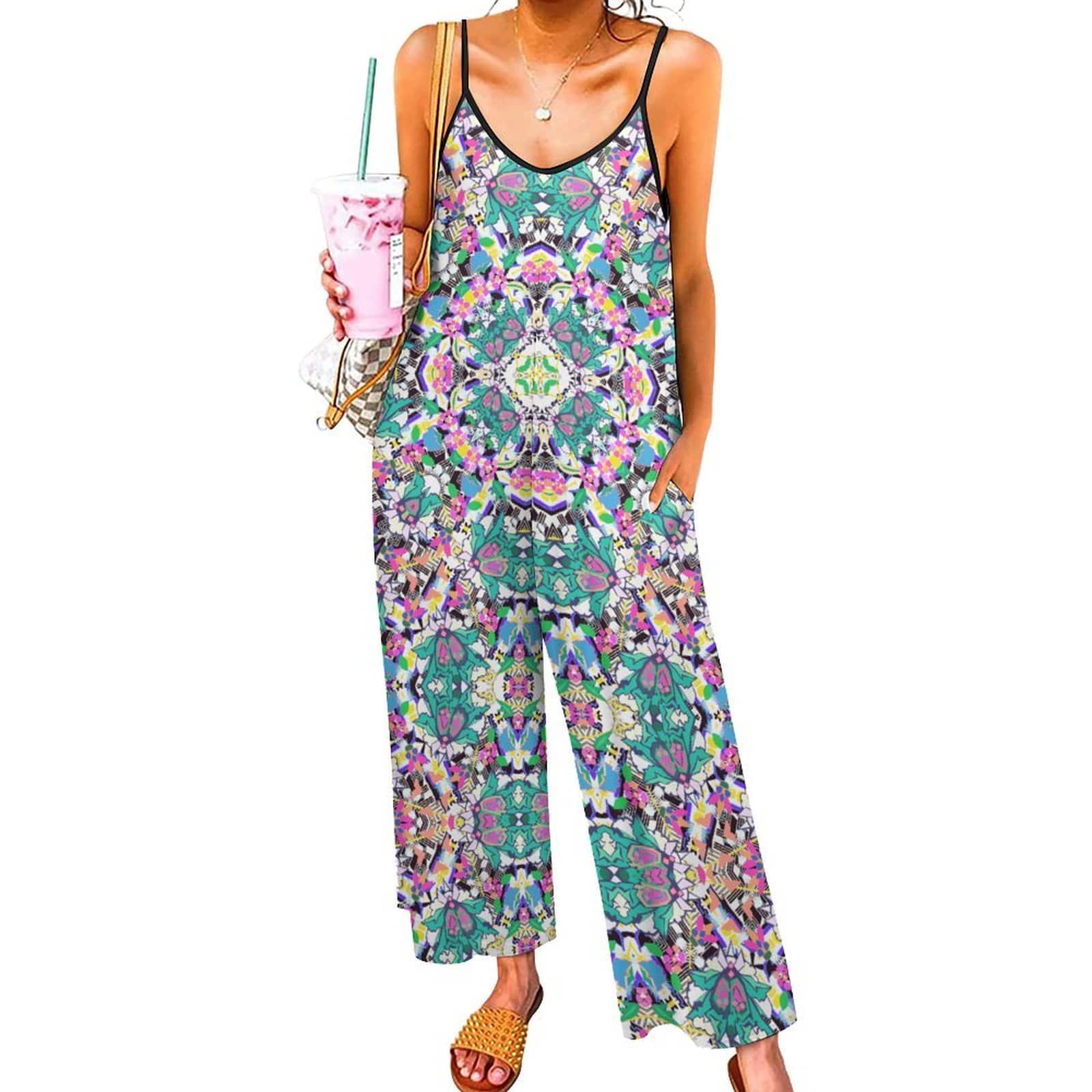 Artsadd white / S Boho Geometric  Pink Green Jumpsuit - Spaghetti Strap Wide-Leg Overalls
