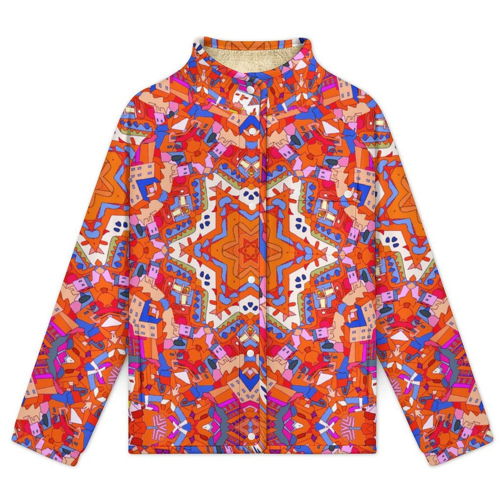 Colorful Kaleidoscope Print Snap Jacket | Trippy Abstract Fleece-Lined Winter Coat, Bold Boho Geometric Festival Streetwear