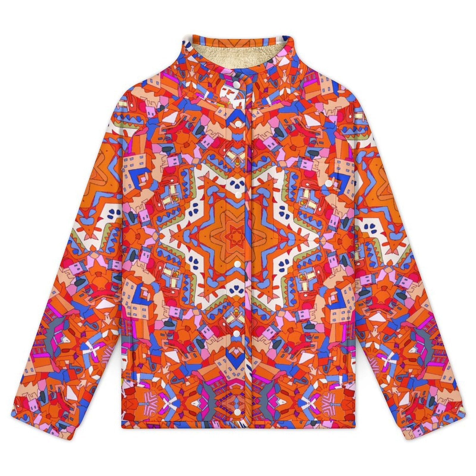 Colorful Kaleidoscope Print Snap Jacket | Trippy Abstract Fleece-Lined Winter Coat, Bold Boho Geometric Festival Streetwear