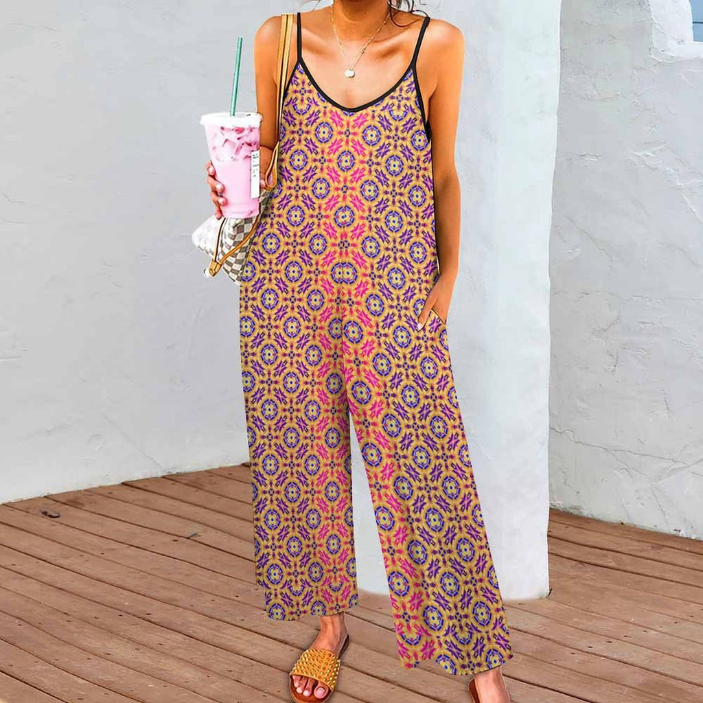 Artsadd Golden Mosaic Geometric Print Spaghetti Strap Jumpsuit