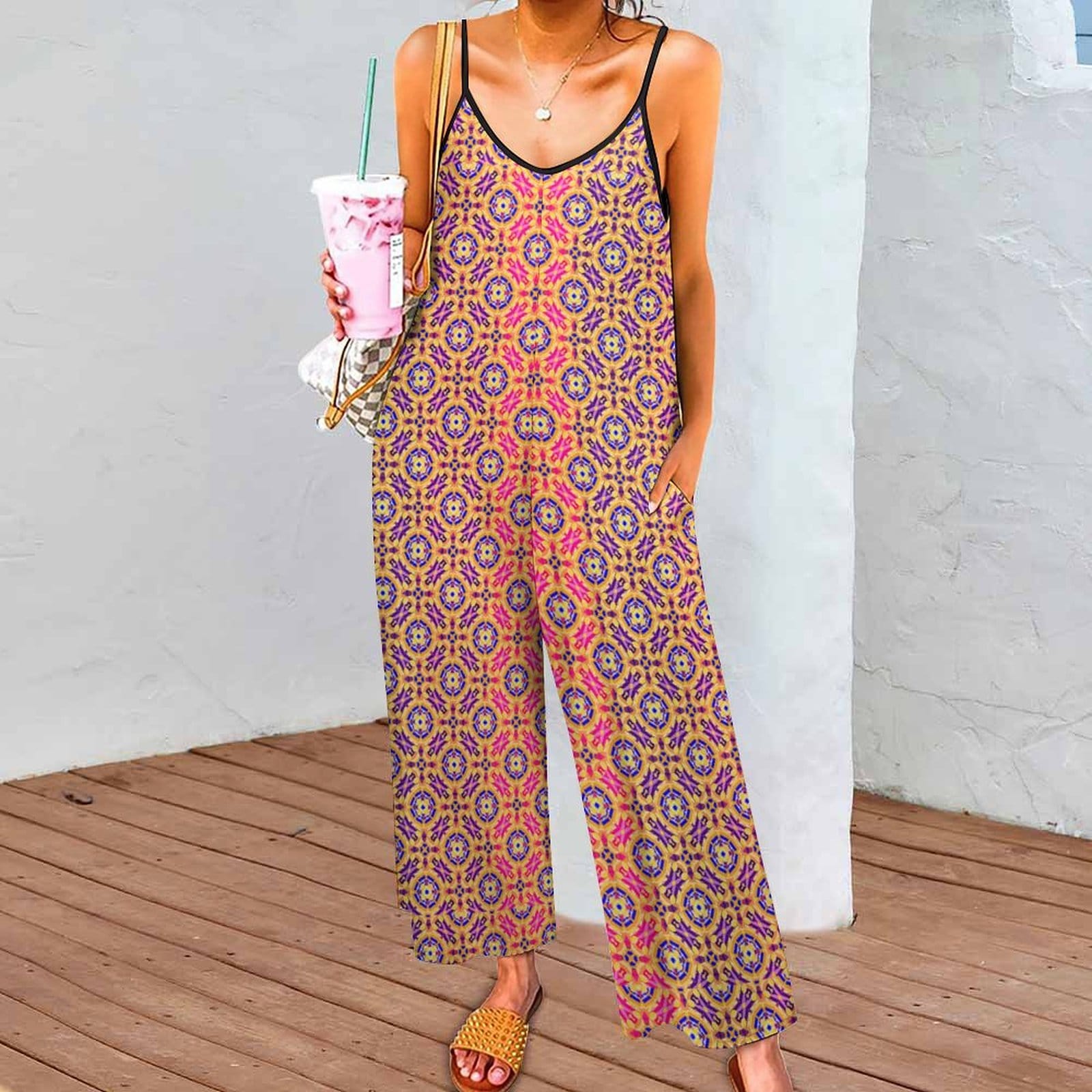 Artsadd Golden Mosaic Geometric Print Spaghetti Strap Jumpsuit