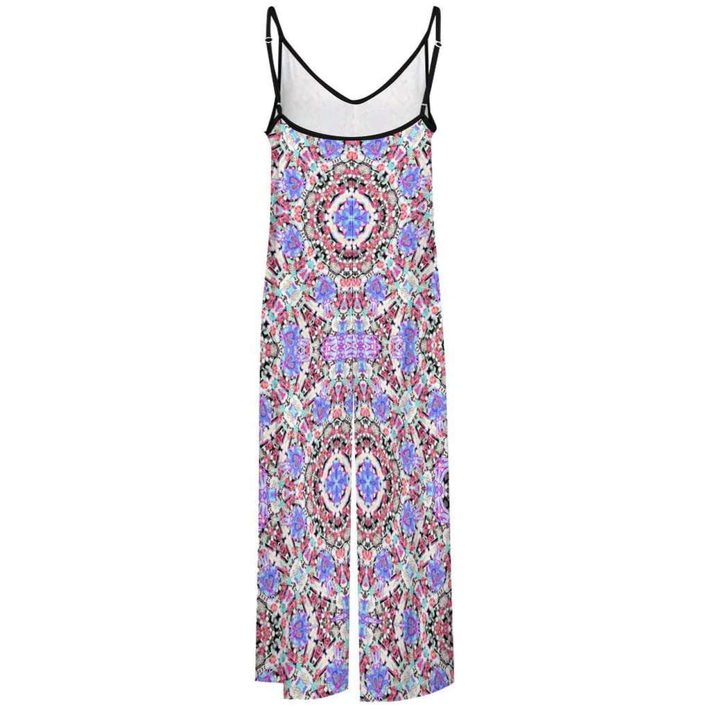 Artsadd Mandala Geometric Purple Print Jumpsuit - Spaghetti Strap Wide-Leg Overalls