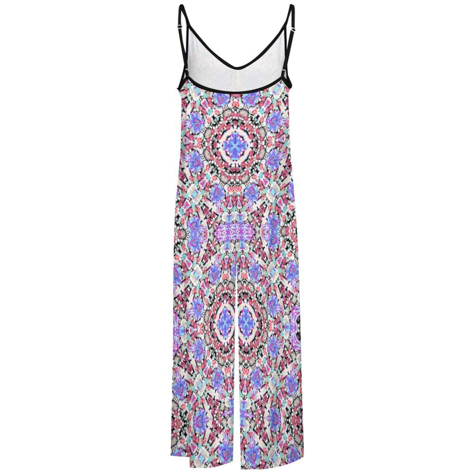Artsadd Mandala Geometric Purple Print Jumpsuit - Spaghetti Strap Wide-Leg Overalls
