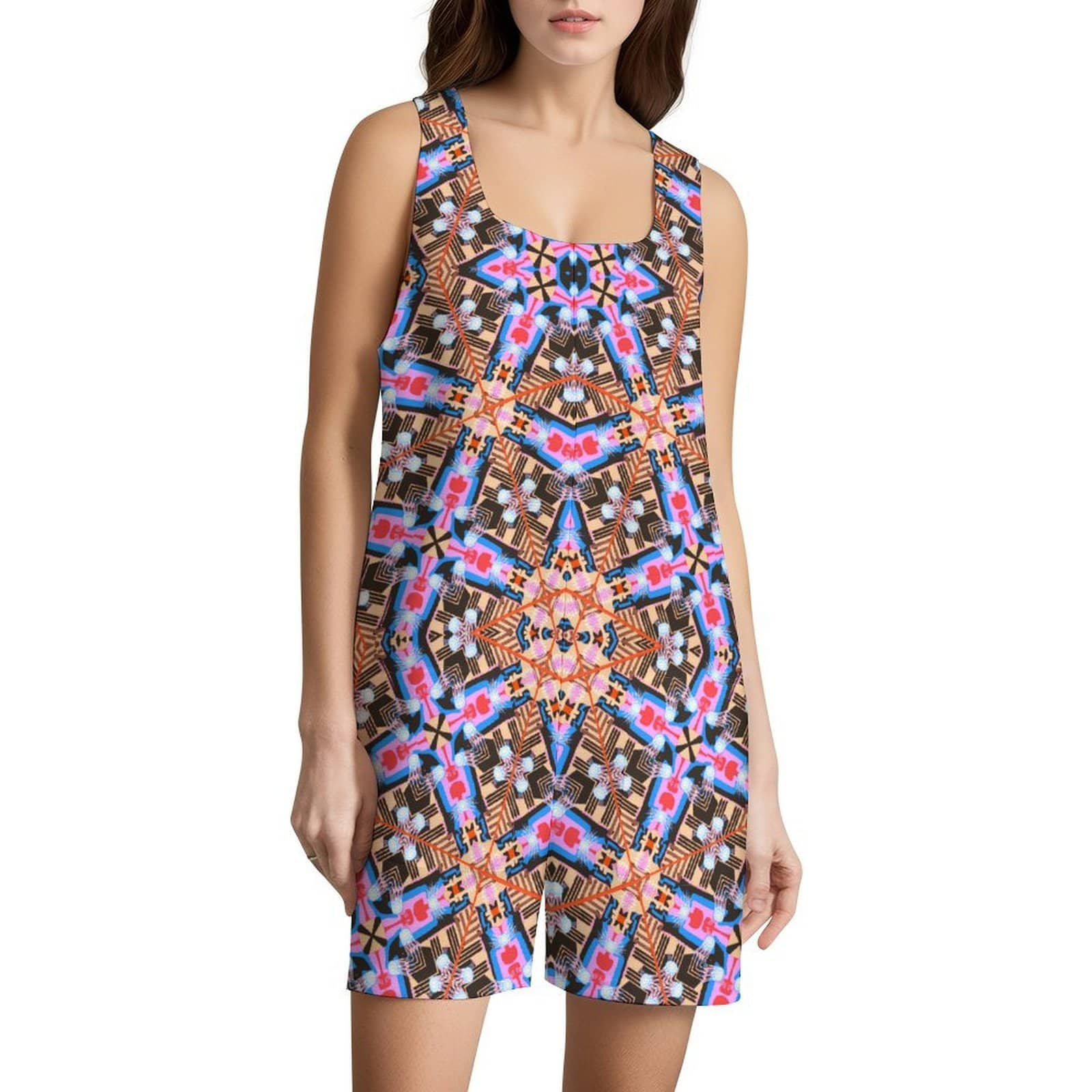 Artsadd white / S Earthly Geometric Ley Lines Print Sleeveless Romper