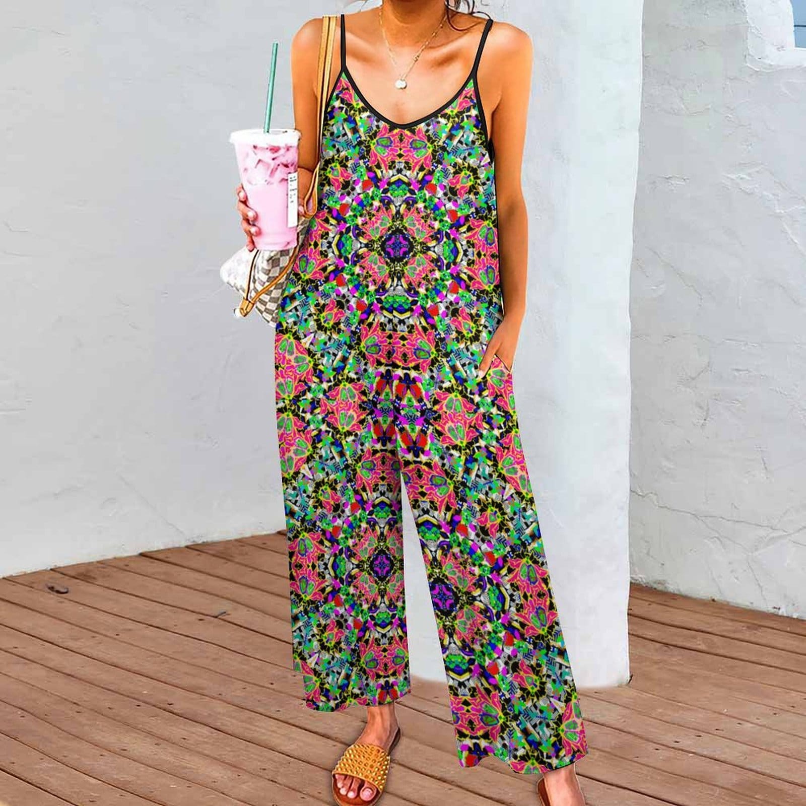 Artsadd Red Green Floral Geometric Print Spaghetti Strap Jumpsuit
