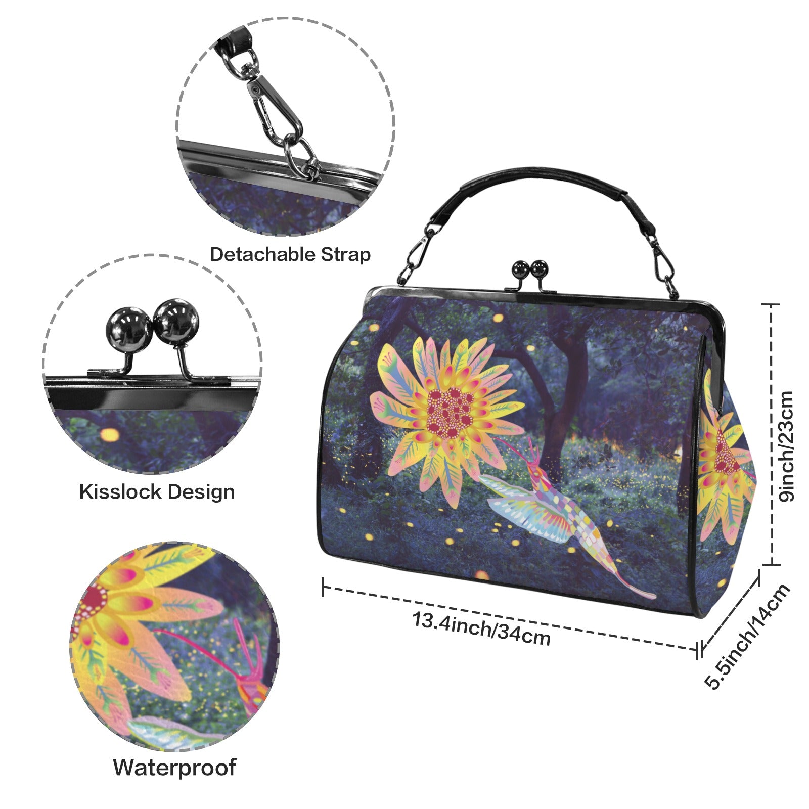 Vintage Kiss lock Crossbody Bag | Hummingbird Print Top-Handle Satchel-Large