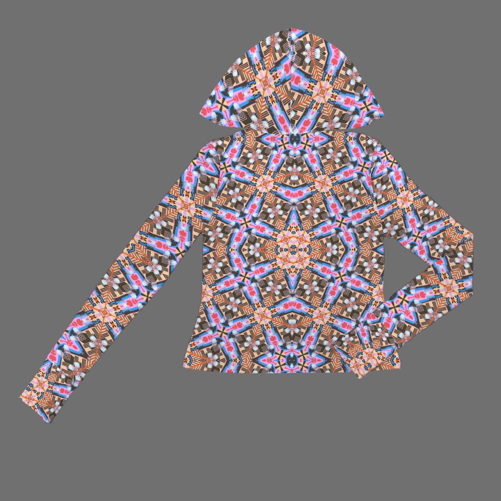 Flat lay studio shot of the back of a women's hooded athletic jacket showcasing an intricate, symmetrical geometric ley line pattern in earth tones, coral pink, and blue against a solid grey backdrop.