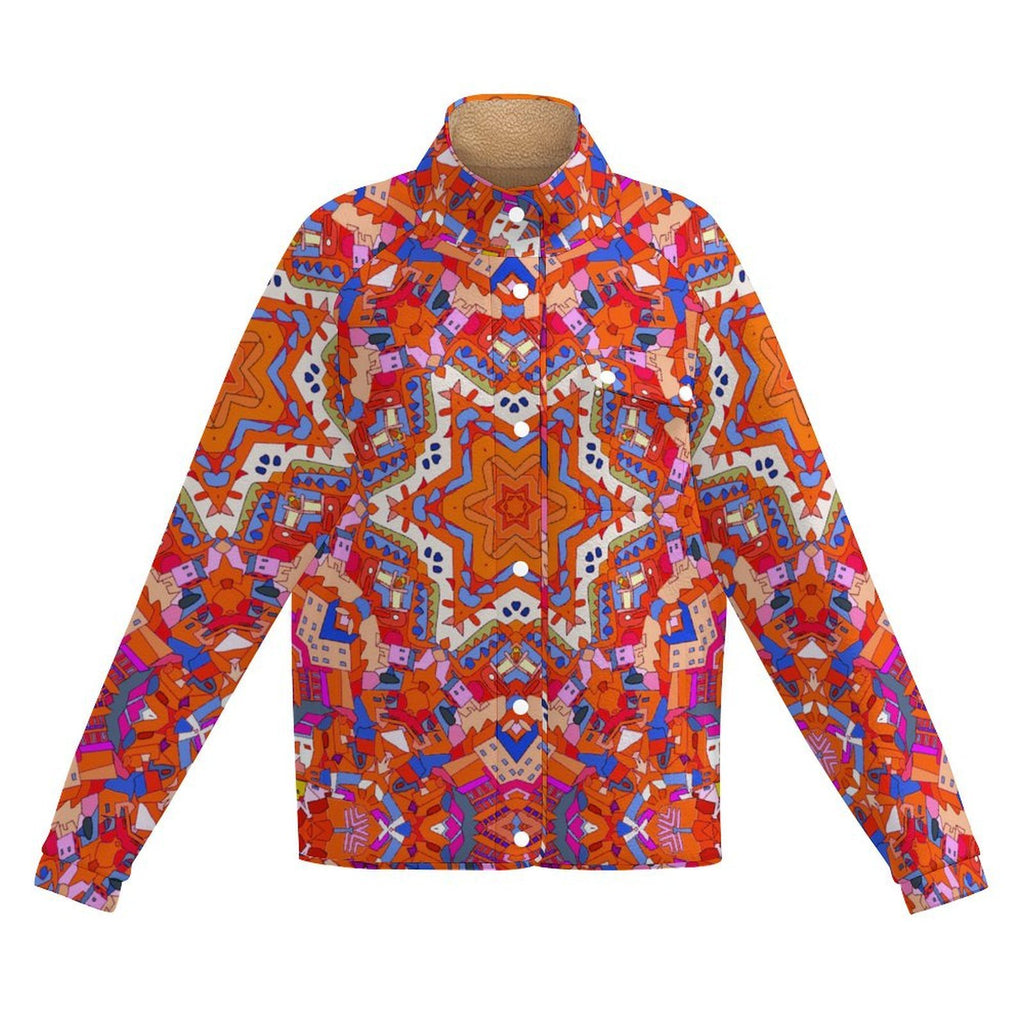Colorful Kaleidoscope Print Snap Jacket | Trippy Abstract Fleece-Lined Winter Coat, Bold Boho Geometric Festival Streetwear