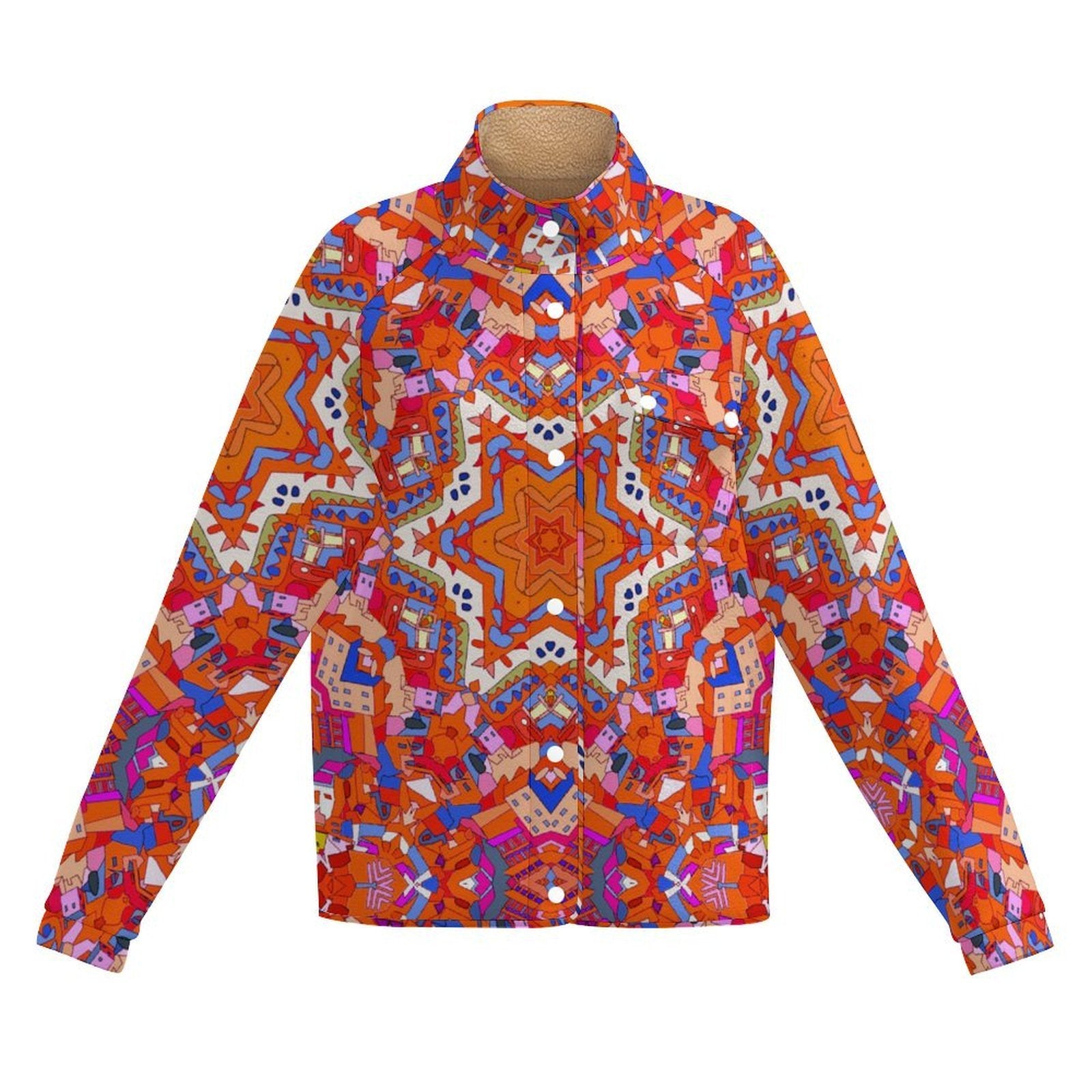 Colorful Kaleidoscope Print Snap Jacket | Trippy Abstract Fleece-Lined Winter Coat, Bold Boho Geometric Festival Streetwear