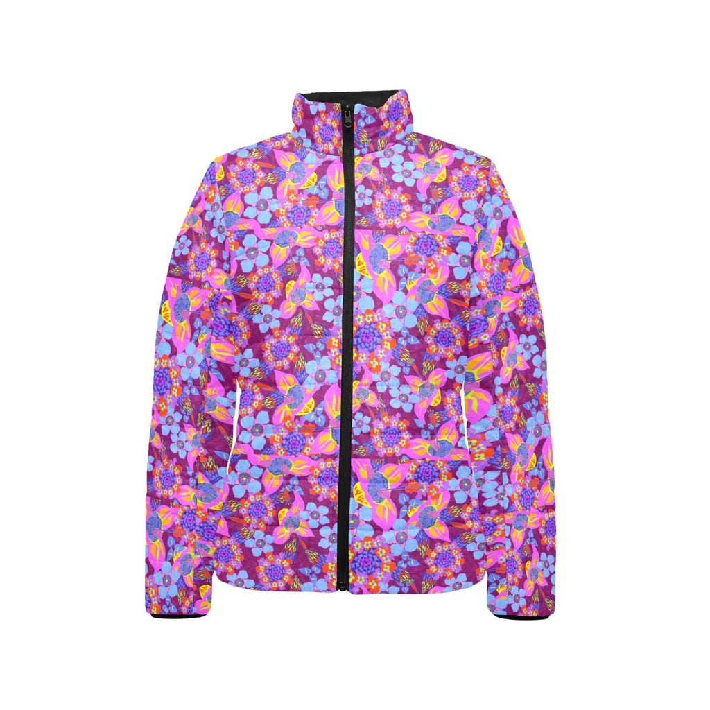 Artsadd Women's Stand Collar Padded Jacket (H41) Women’s Retro Floral Puffer Jacket – Vibrant Purple & Neon Pink