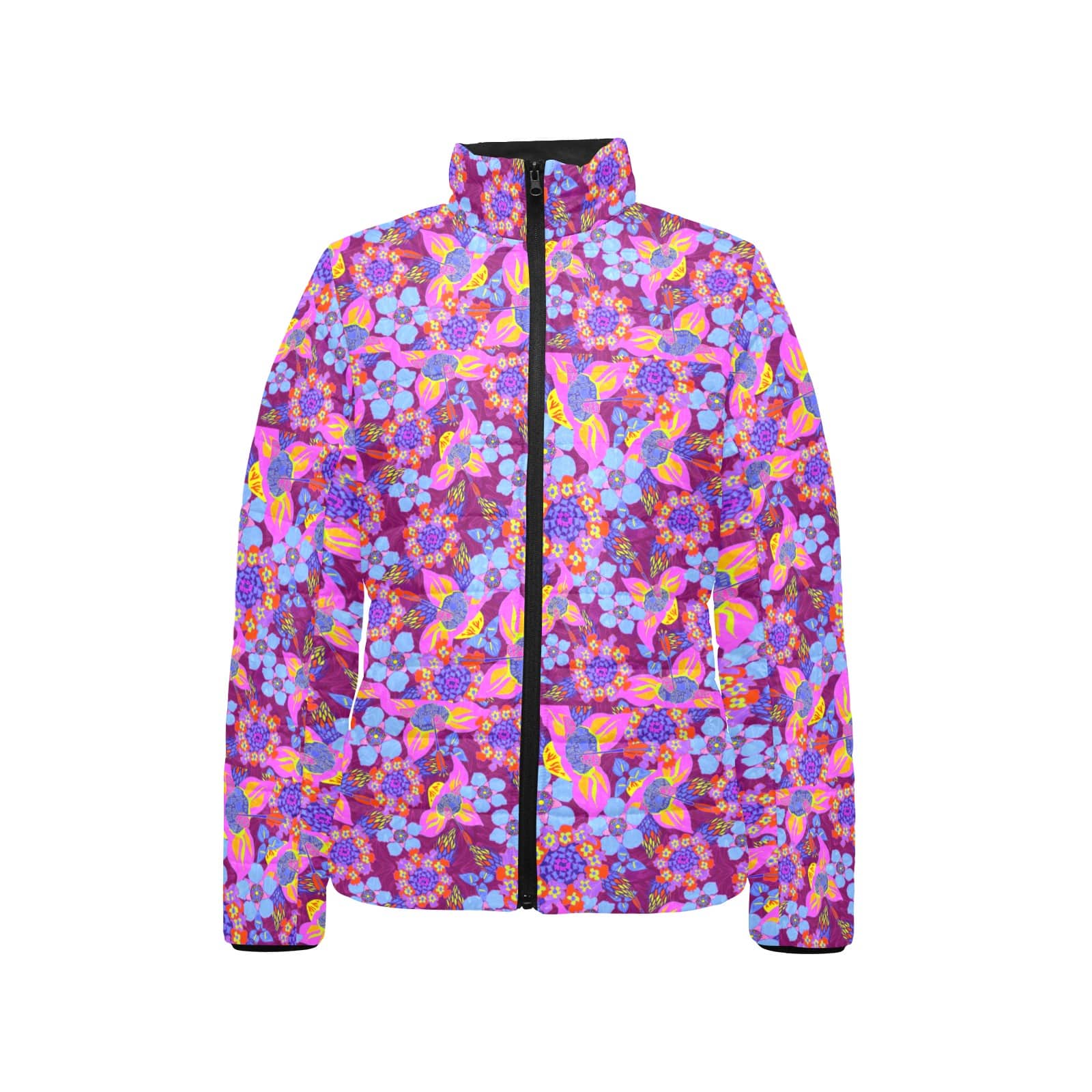 Artsadd Women's Stand Collar Padded Jacket (H41) Women’s Retro Floral Puffer Jacket – Vibrant Purple & Neon Pink