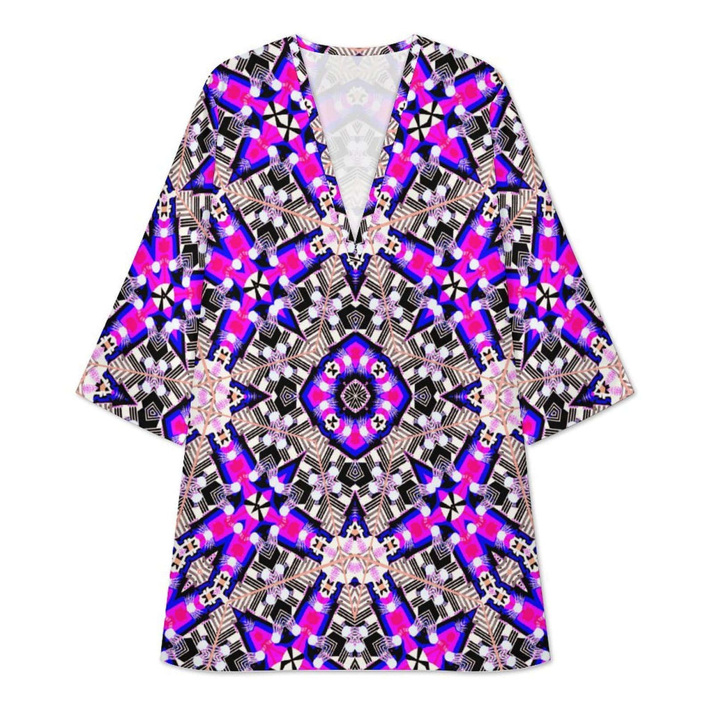Product studio shot displaying the front of a Purple Magenta V-Neck Shift Dress with 3/4 Sleeves in neon magenta, deep purple, black, and white against a clean white backdrop.
