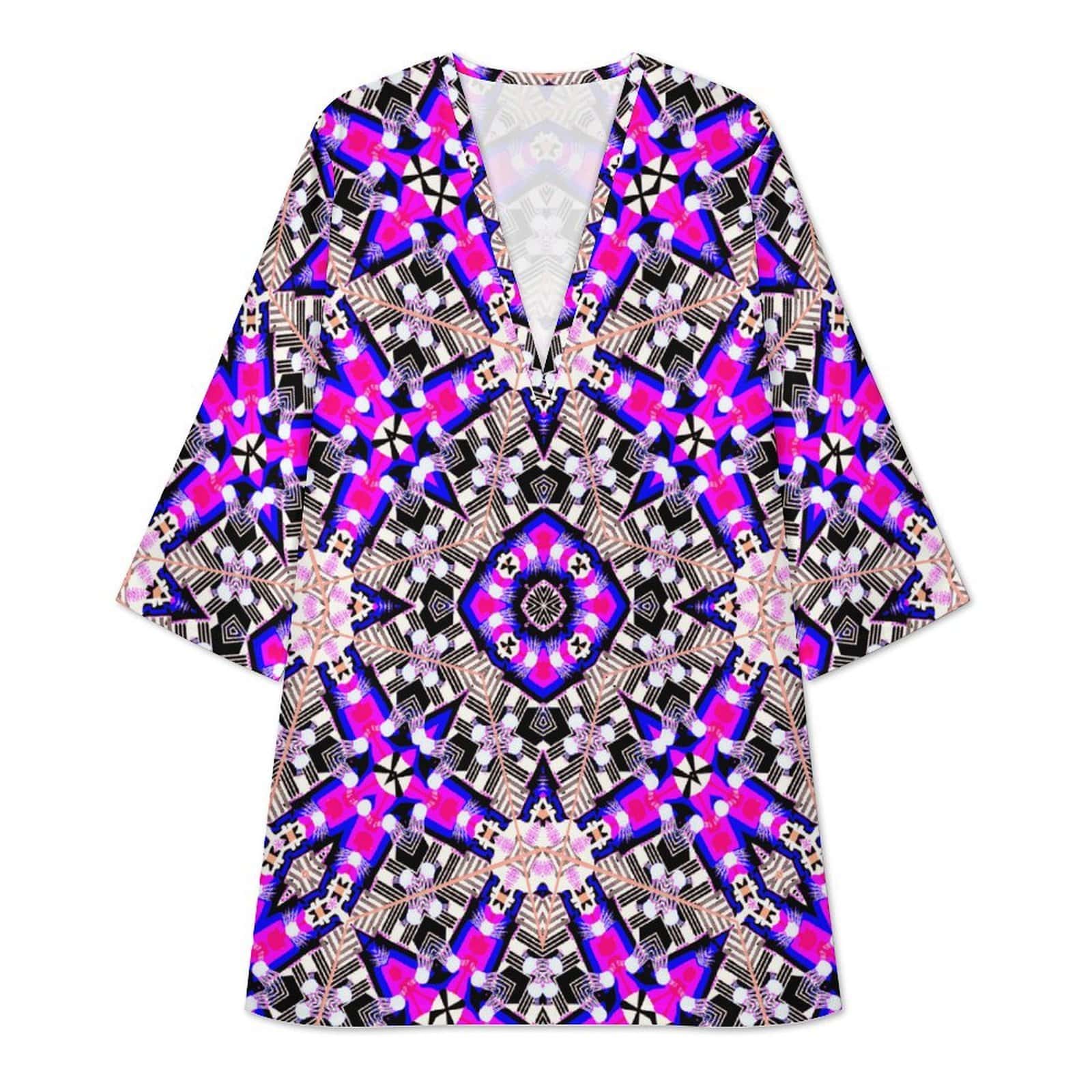 Product studio shot displaying the front of a Purple Magenta V-Neck Shift Dress with 3/4 Sleeves in neon magenta, deep purple, black, and white against a clean white backdrop.