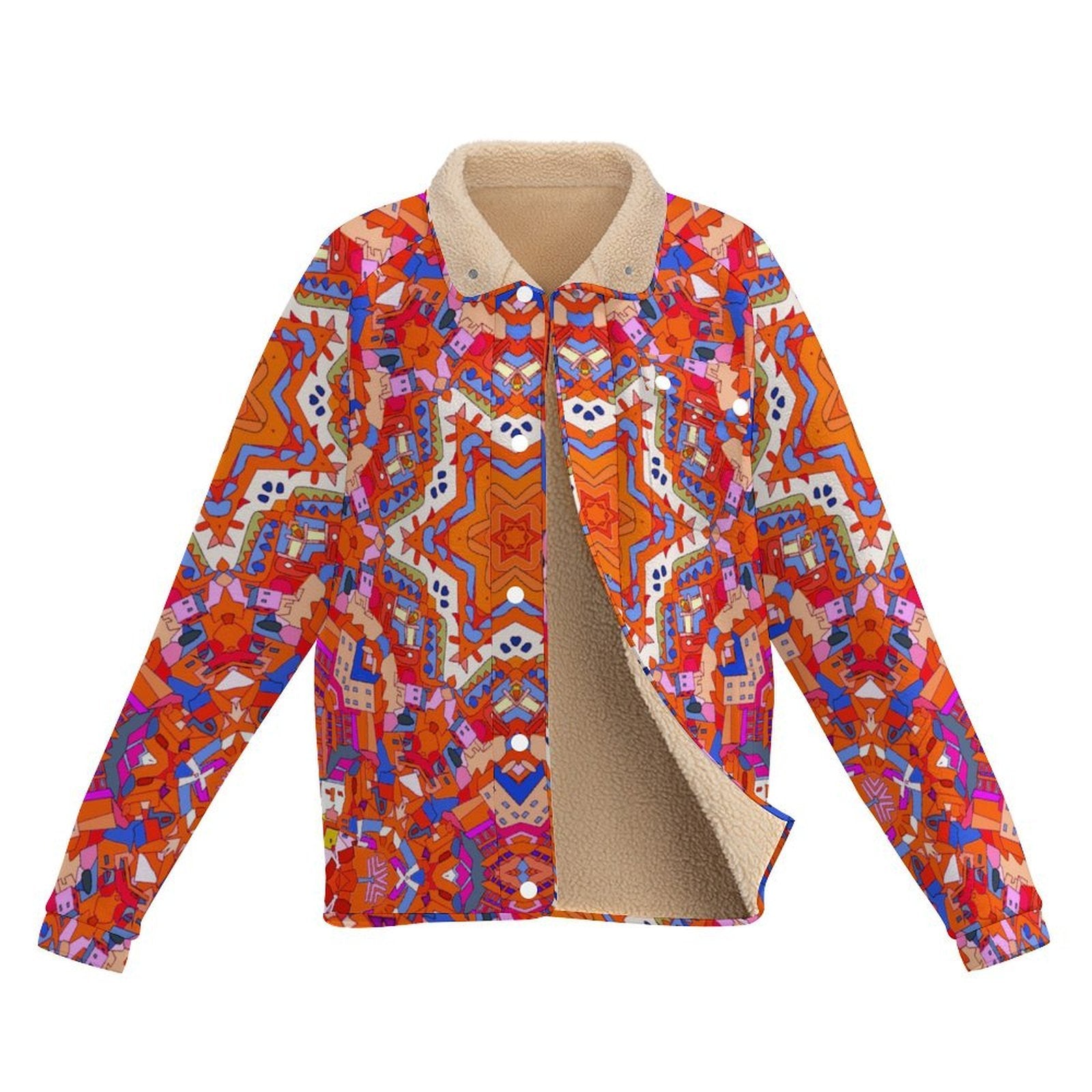 Colorful Kaleidoscope Print Snap Jacket | Trippy Abstract Fleece-Lined Winter Coat, Bold Boho Geometric Festival Streetwear