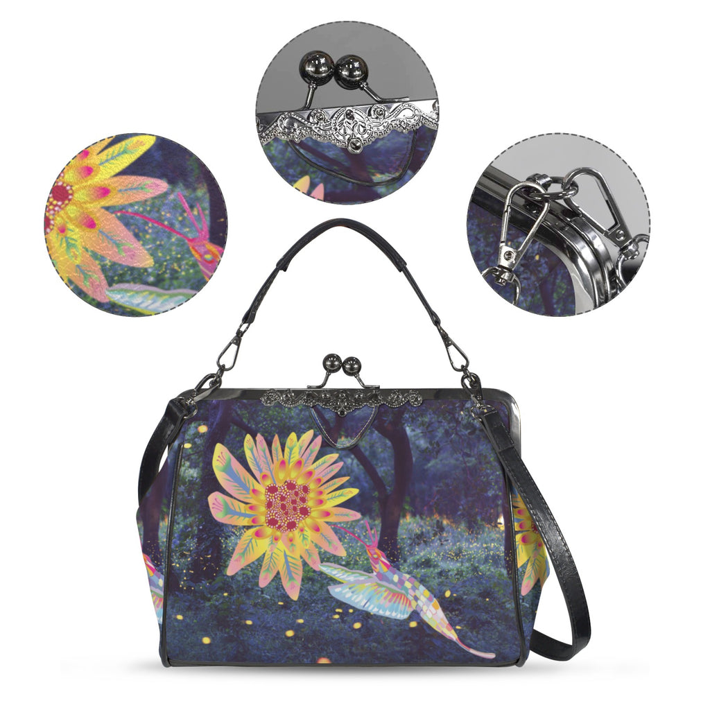 Vintage Kisslock Crossbody Bag | Hummingbird Print Top-Handle Satchel