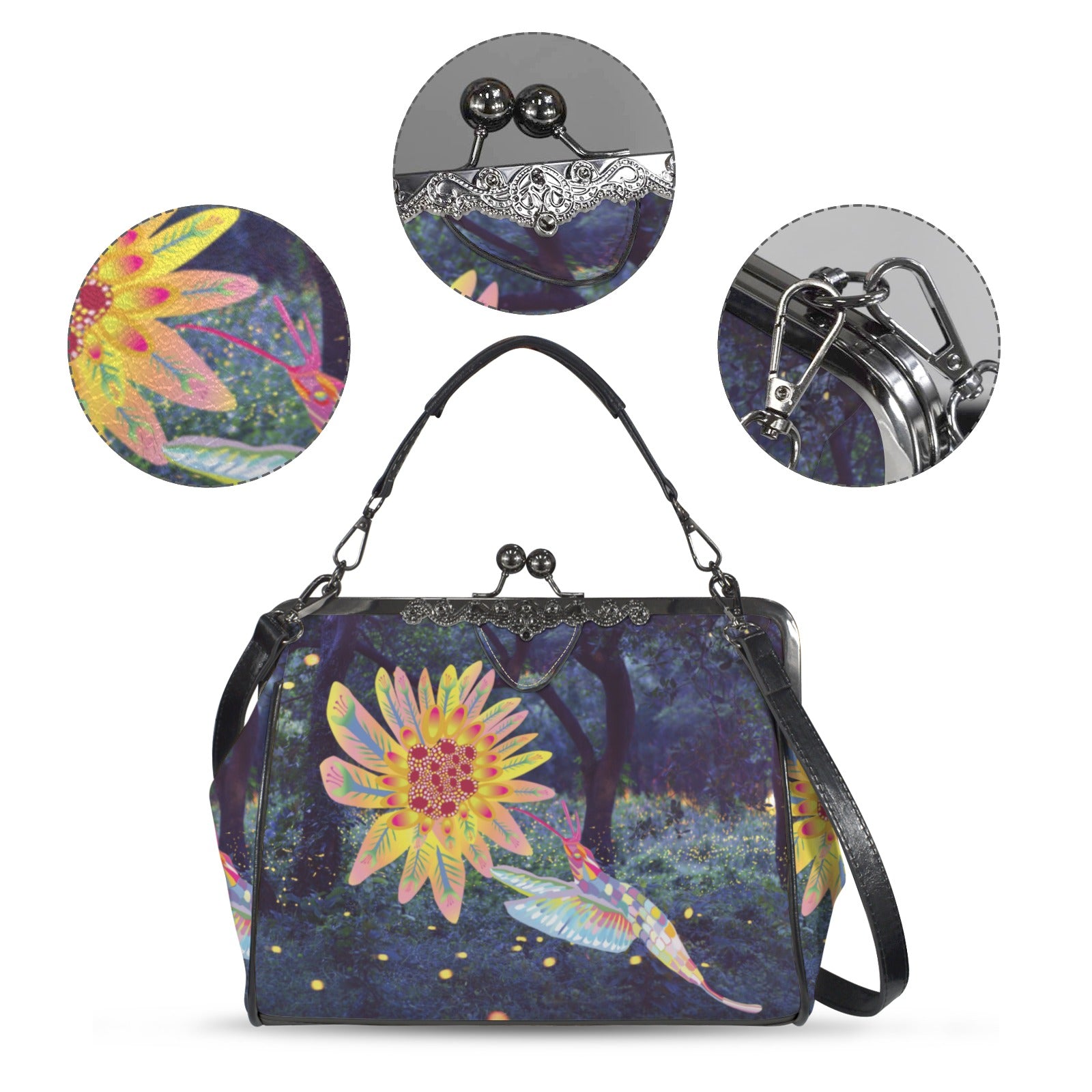 Vintage Kisslock Crossbody Bag | Hummingbird Print Top-Handle Satchel