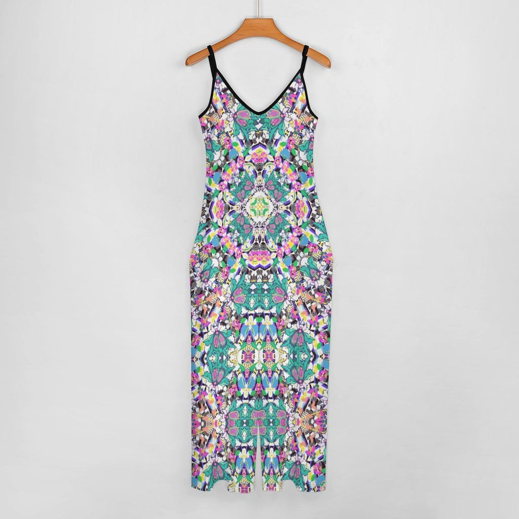 Artsadd Boho Geometric  Pink Green Jumpsuit - Spaghetti Strap Wide-Leg Overalls