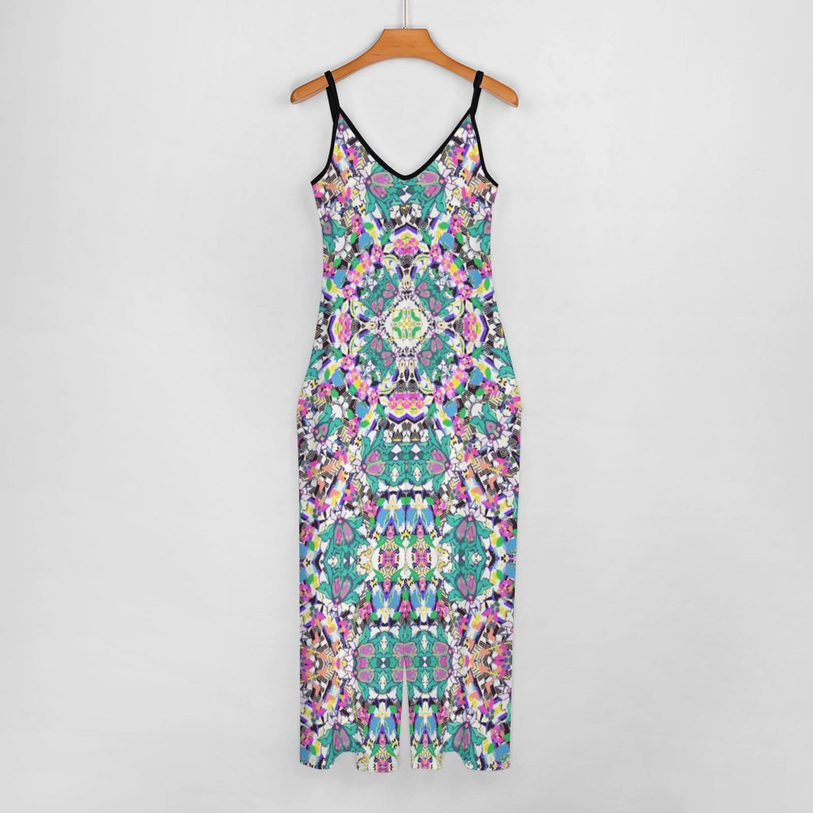 Artsadd Boho Geometric  Pink Green Jumpsuit - Spaghetti Strap Wide-Leg Overalls