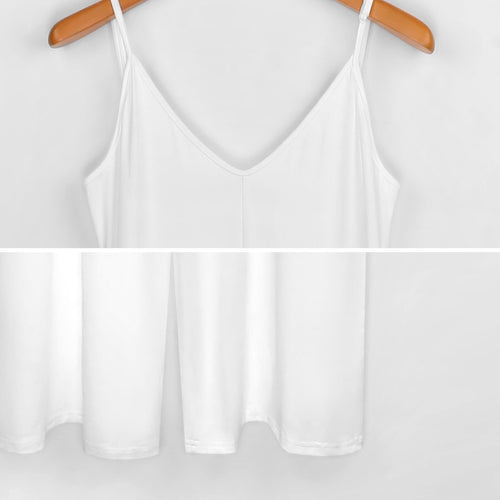 Two-panel close-up fabric shot showing the deep V-neckline with adjustable spaghetti straps on a wooden hanger, and the clean double-stitched hemline of a soft, white base garment.