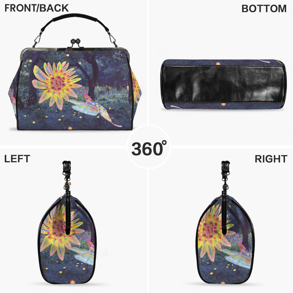 Vintage Kiss lock Crossbody Bag | Hummingbird Print Top-Handle Satchel-Large
