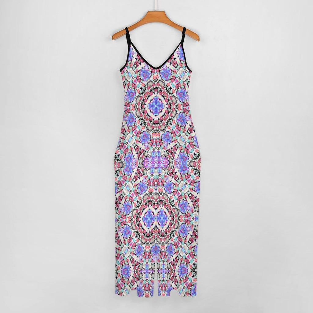 Artsadd Mandala Geometric Purple Print Jumpsuit - Spaghetti Strap Wide-Leg Overalls