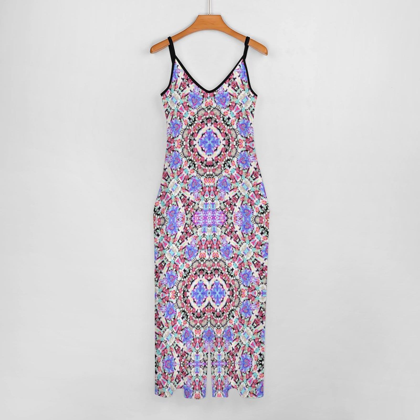 Artsadd Mandala Geometric Purple Print Jumpsuit - Spaghetti Strap Wide-Leg Overalls