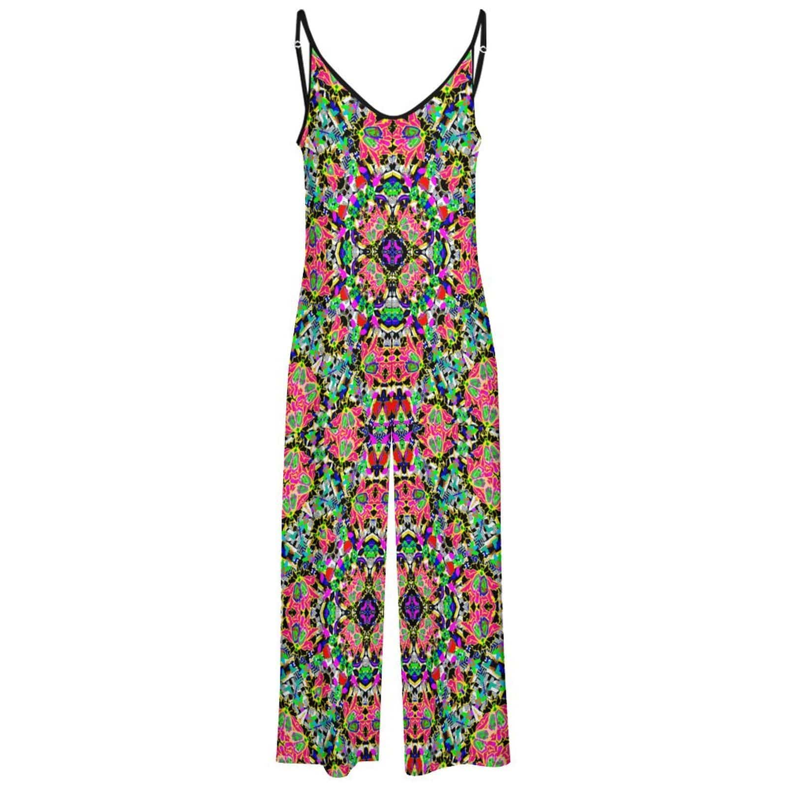 Artsadd Red Green Floral Geometric Print Spaghetti Strap Jumpsuit