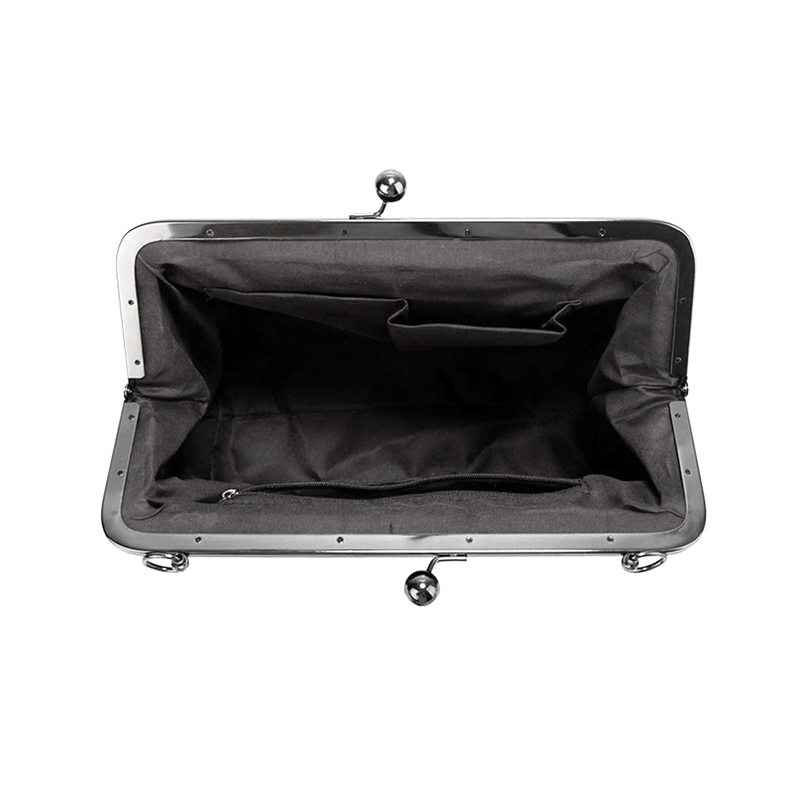 Open top view of cobalt blue kiss lock handbag showing dark interior lining and storage pockets