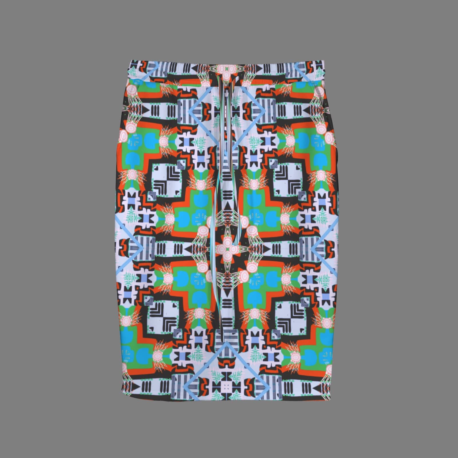 Flat lay studio shot of the front of a knee-length pencil skirt showcasing a matching drawstring tie waist and an intricate, colorful kaleidoscopic print against a solid grey background.
