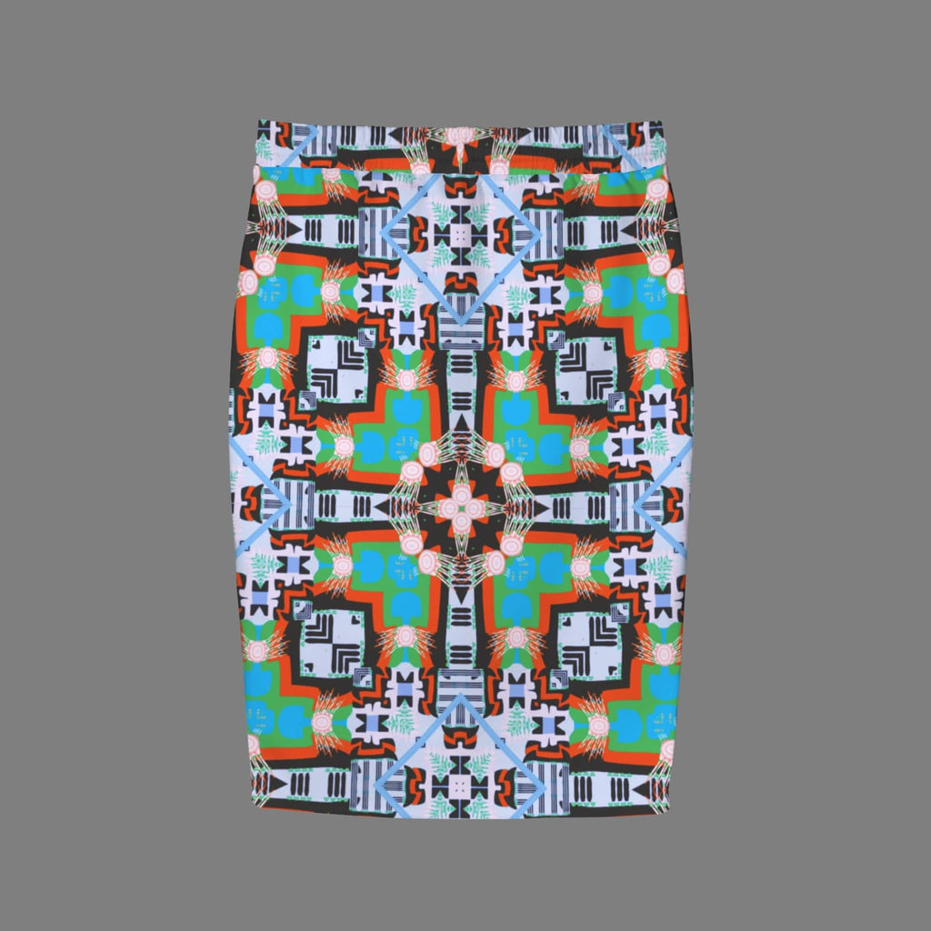 Flat lay studio shot of the back of a knee-length pencil skirt featuring a bold, symmetrical tribal geometric pattern in bright orange, vibrant green, sky blue, and black against a solid grey background.