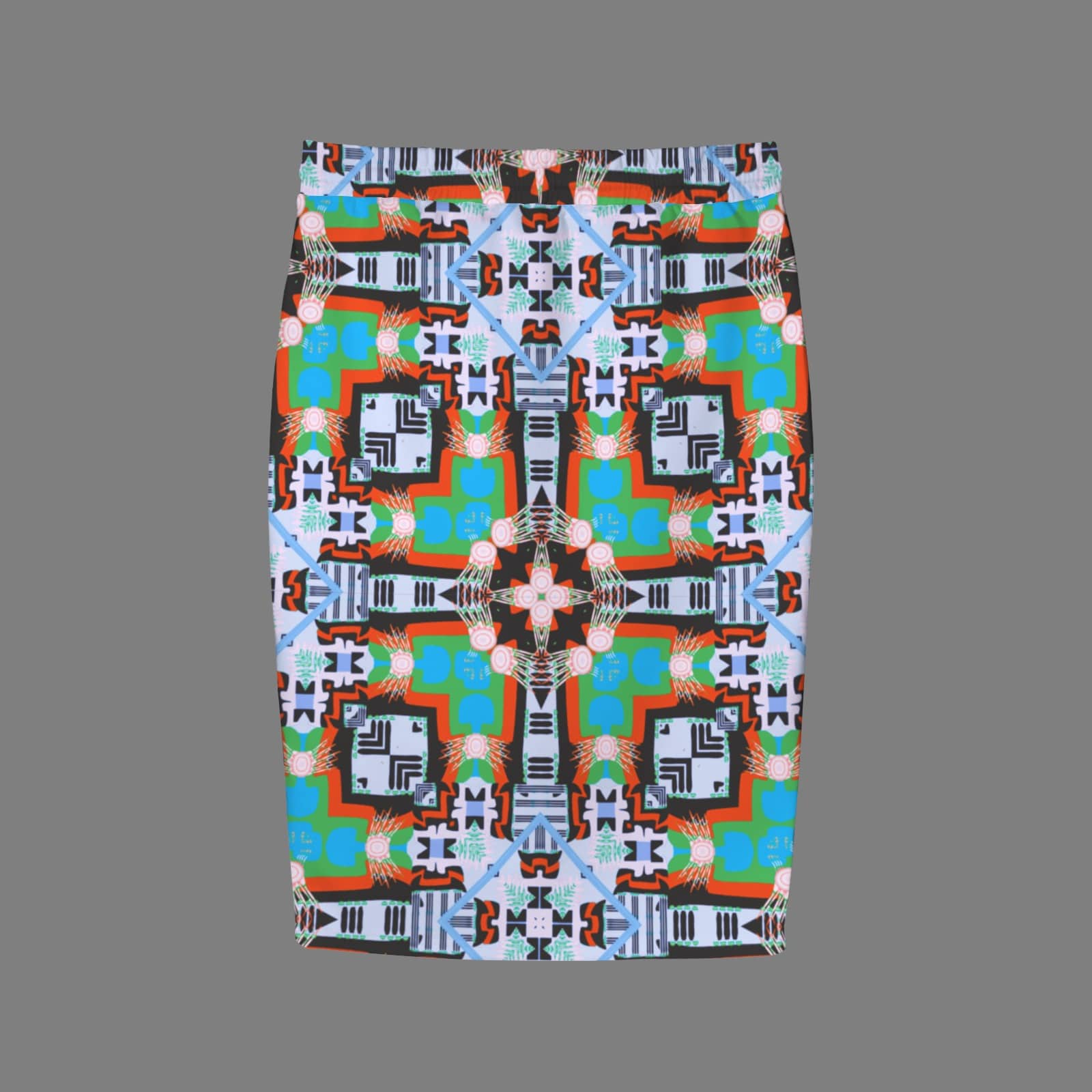 Flat lay studio shot of the back of a knee-length pencil skirt featuring a bold, symmetrical tribal geometric pattern in bright orange, vibrant green, sky blue, and black against a solid grey background.