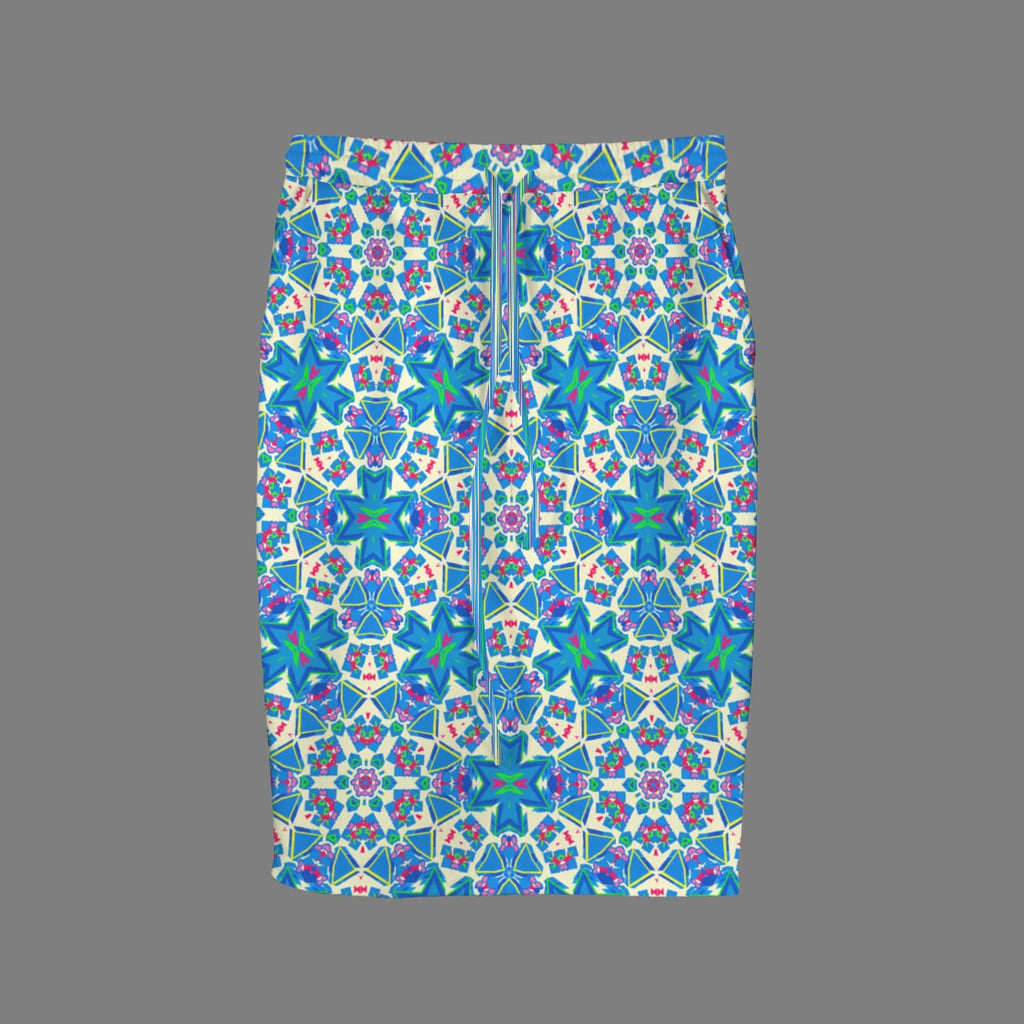 Flat lay studio shot of the front of a knee-length pencil skirt showcasing a matching drawstring tie waist and an intricate, colorful kaleidoscopic print against a solid grey background.