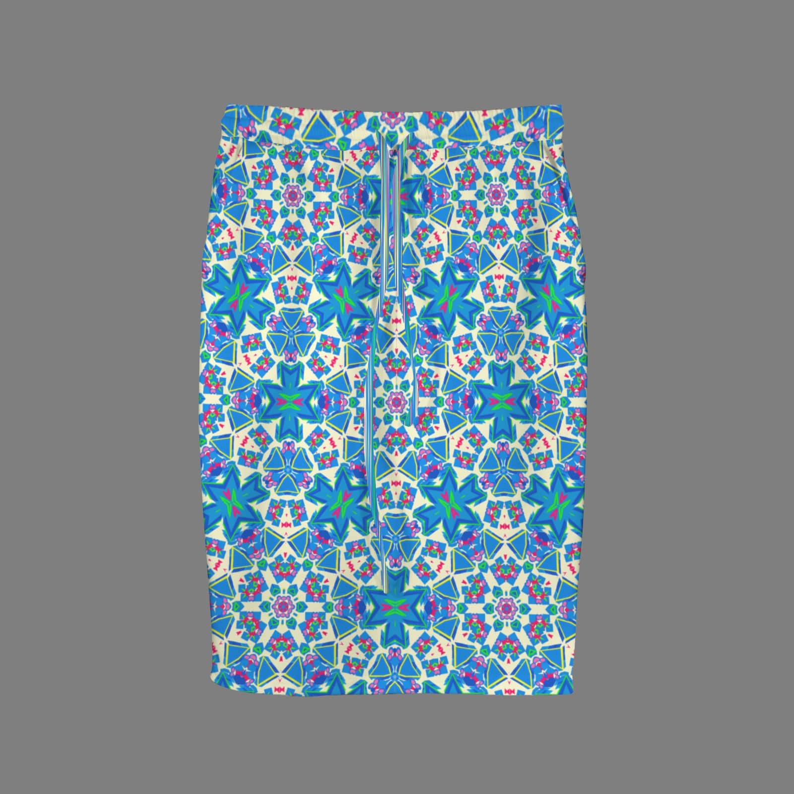 Flat lay studio shot of the front of a knee-length pencil skirt showcasing a matching drawstring tie waist and an intricate, colorful kaleidoscopic print against a solid grey background.