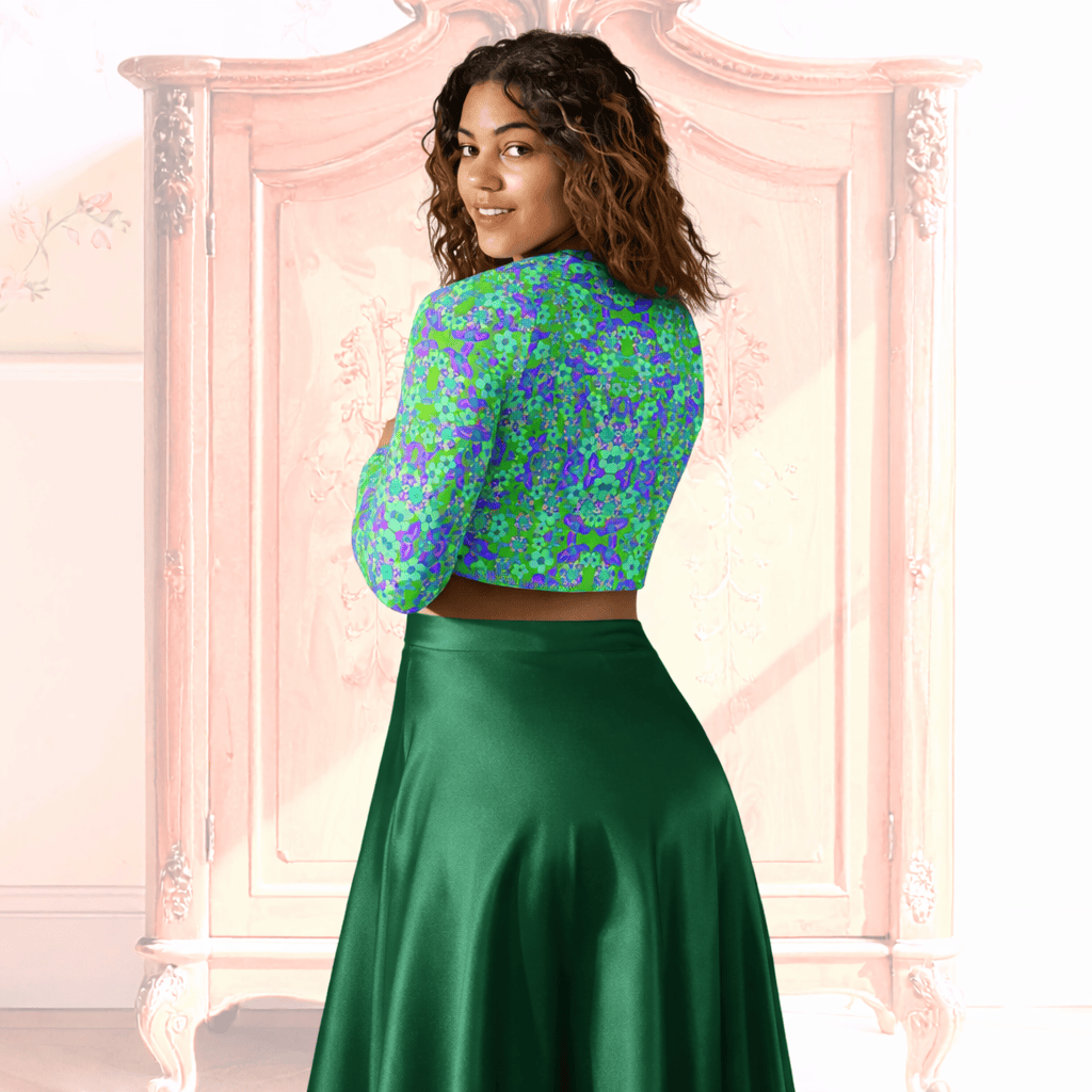 Vibrant Apparel New Zealand CUT-SEW Recycled Crop Top with Blue Green Florals