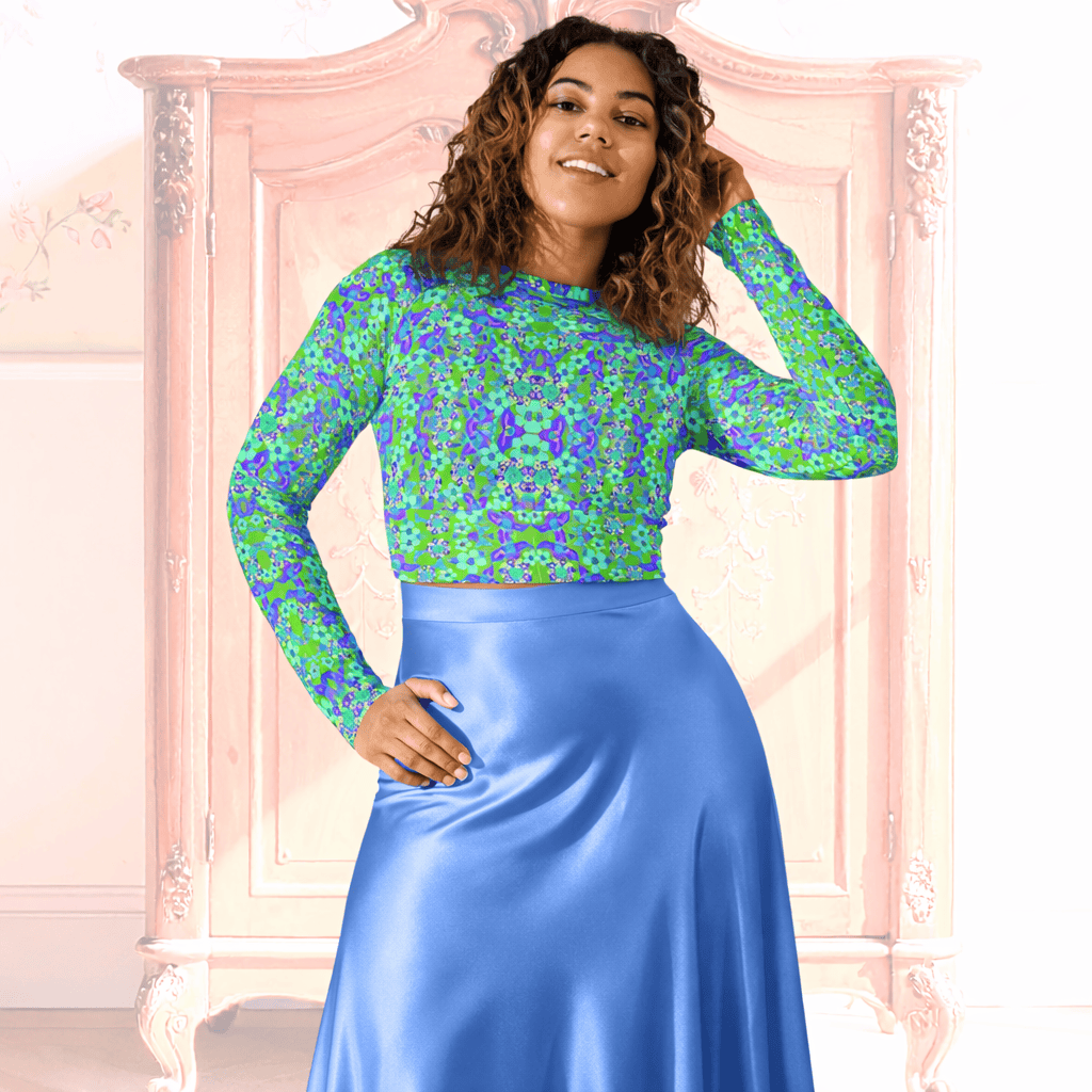 Vibrant Apparel New Zealand CUT-SEW 2XS Recycled Crop Top with Blue Green Florals