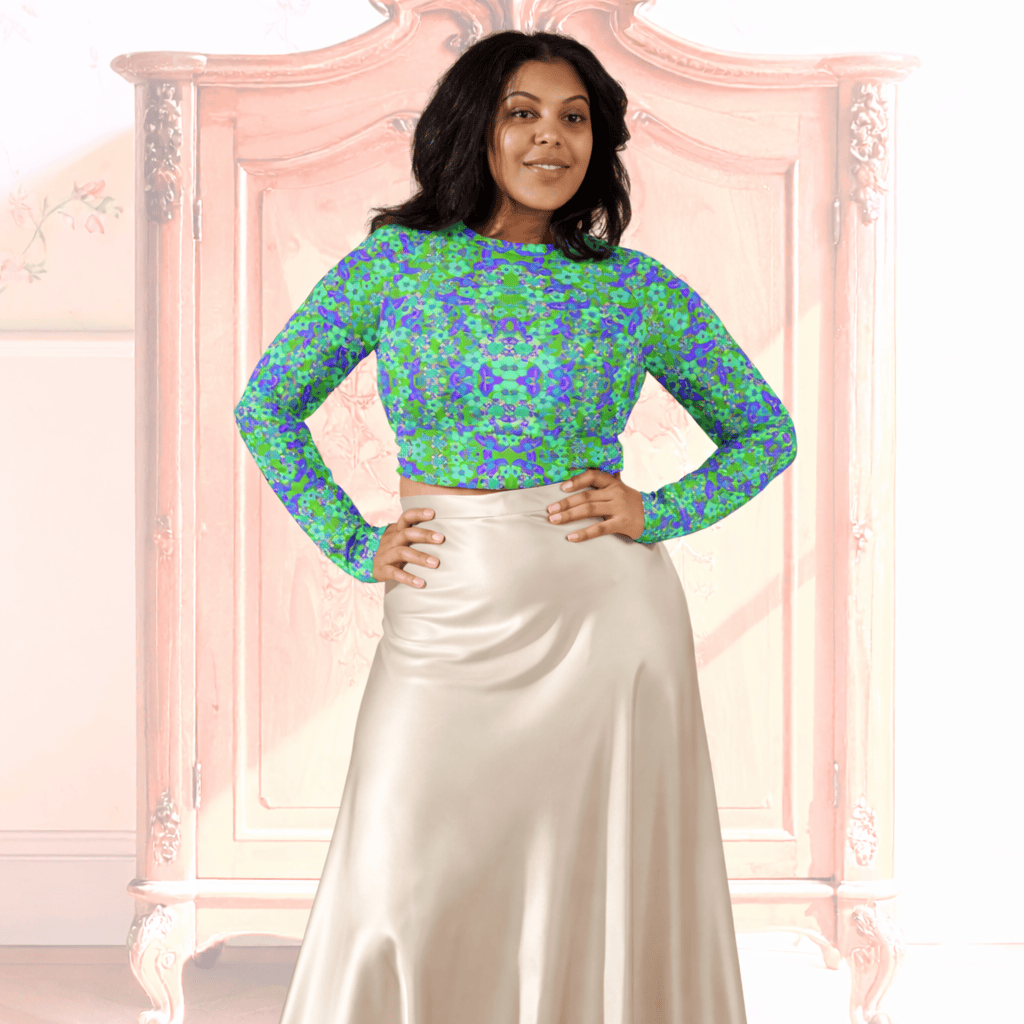 Vibrant Apparel New Zealand CUT-SEW Recycled Crop Top with Blue Green Florals