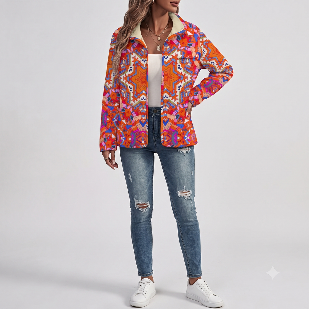 Colorful Kaleidoscope Print Snap Jacket | Trippy Abstract Fleece-Lined Winter Coat, Bold Boho Geometric Festival Streetwear