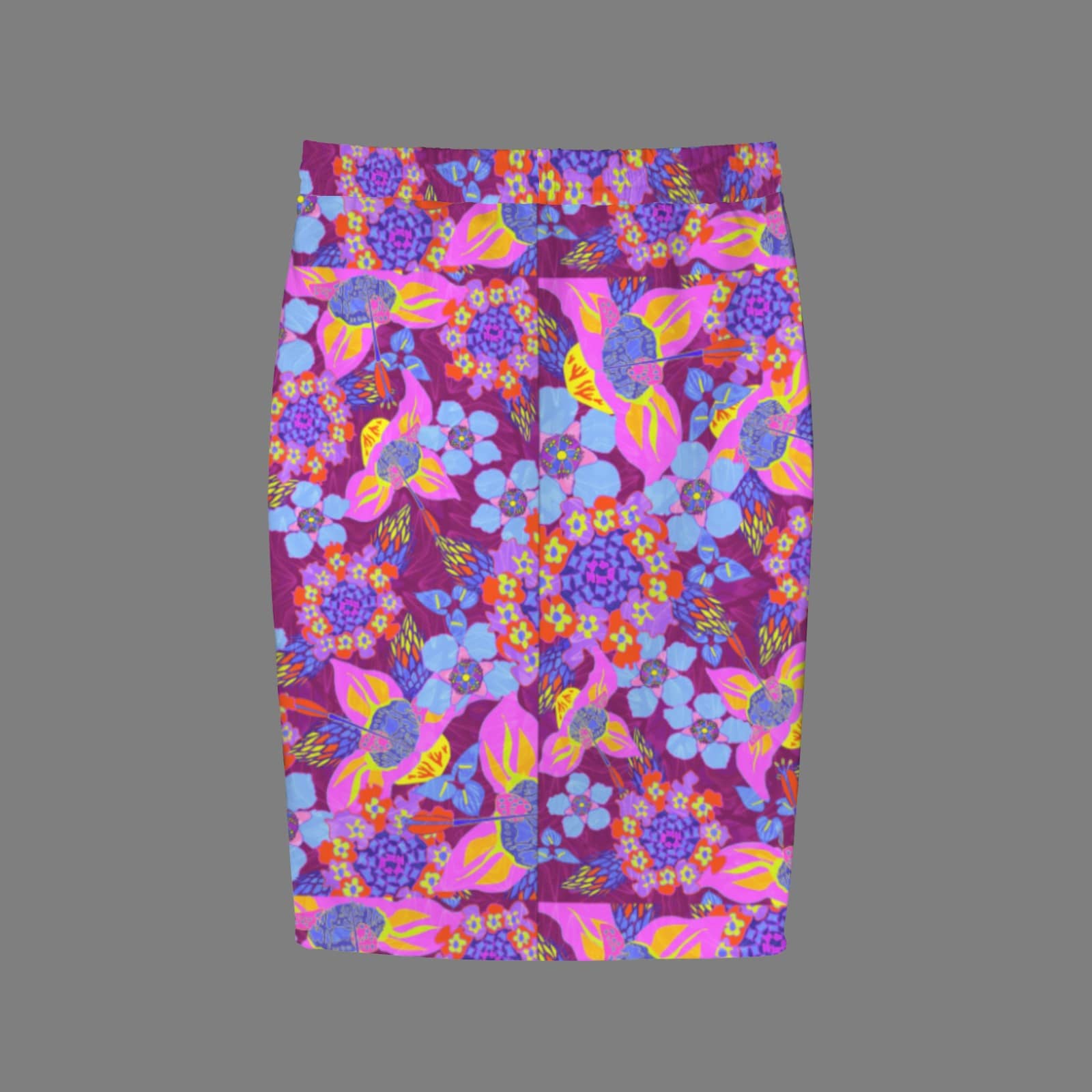 Flat lay studio shot of the back of a knee-length pencil skirt featuring a bold, neon magenta pink floral pattern against a solid grey background.